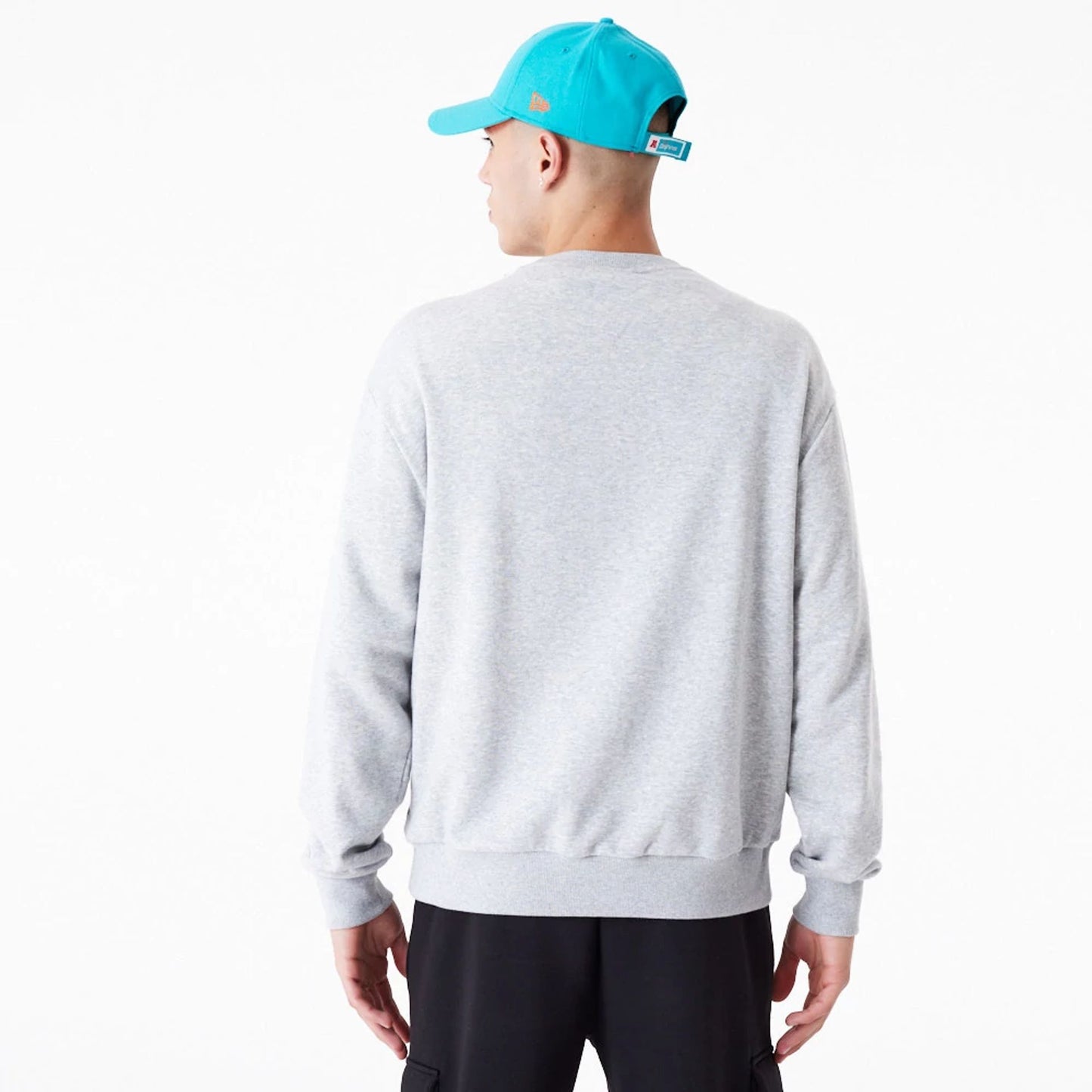 The Male model is wearing Miami Dolphins NFL Wordmark Grey Oversized Crew Neck Sweatshirt 3