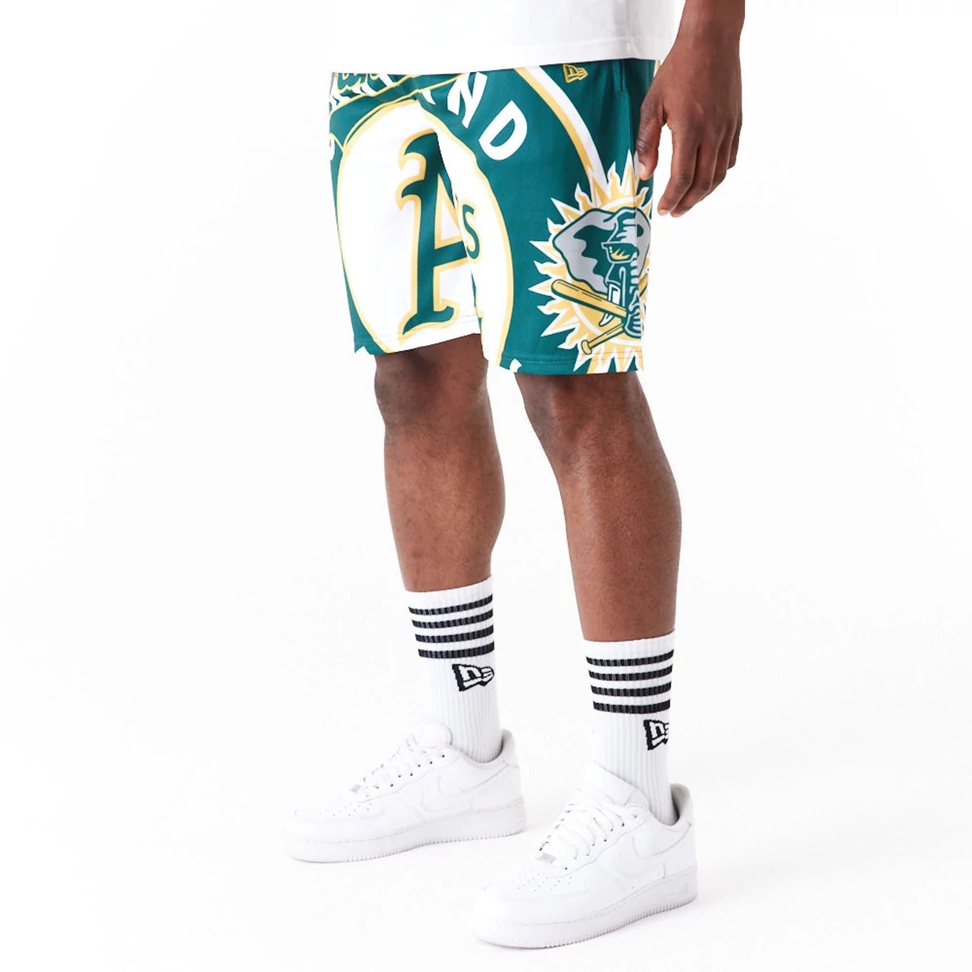 The Male model is wearing Oakland Athletics MLB Large Logo Dark Green Shorts 2