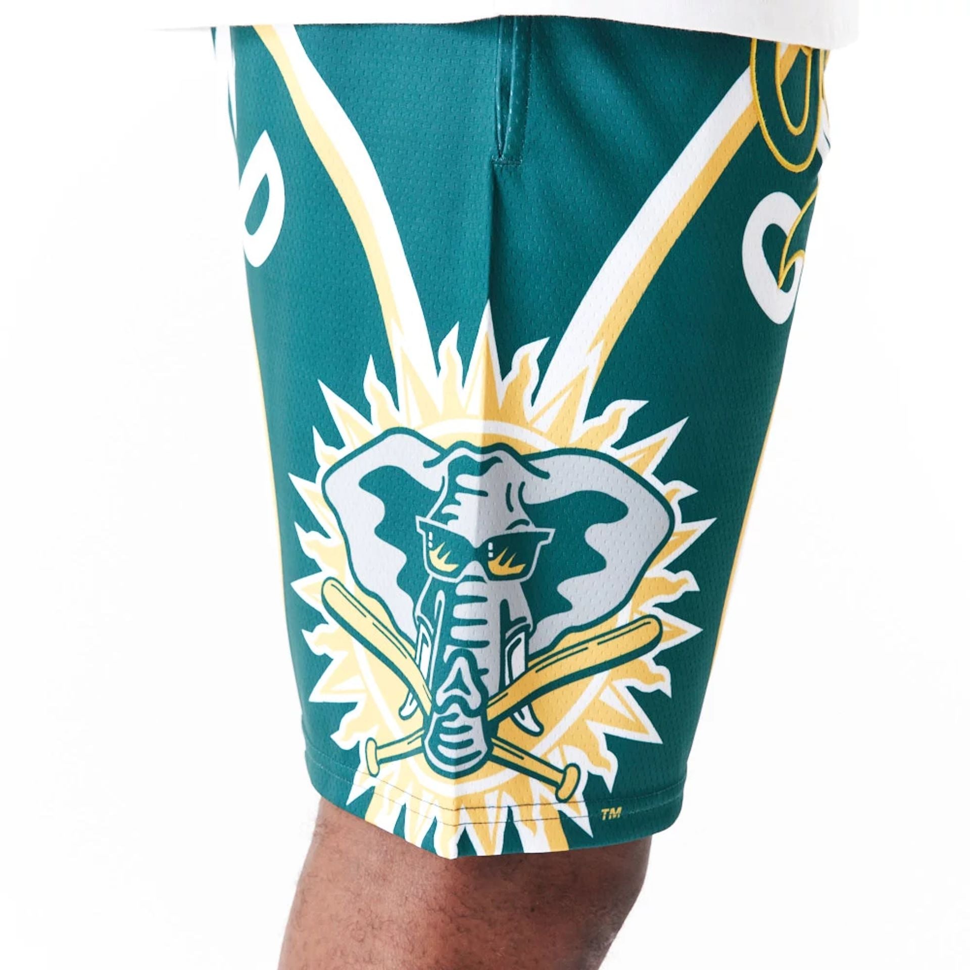 The Male model is wearing Oakland Athletics MLB Large Logo Dark Green Shorts 7