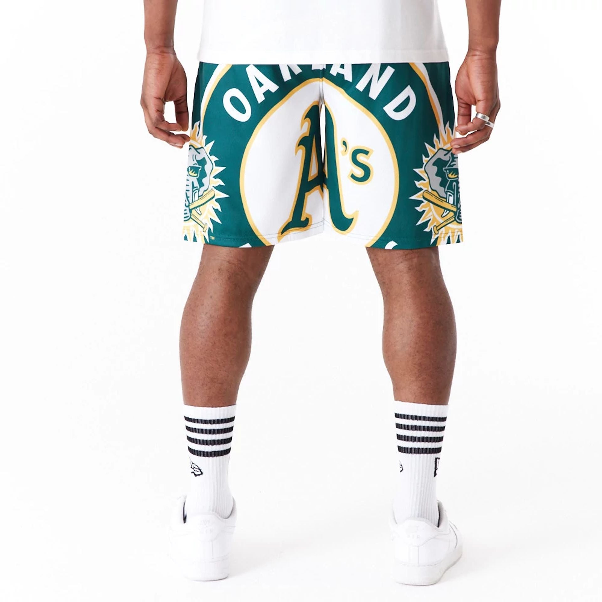 The Male model is wearing Oakland Athletics MLB Large Logo Dark Green Shorts 8