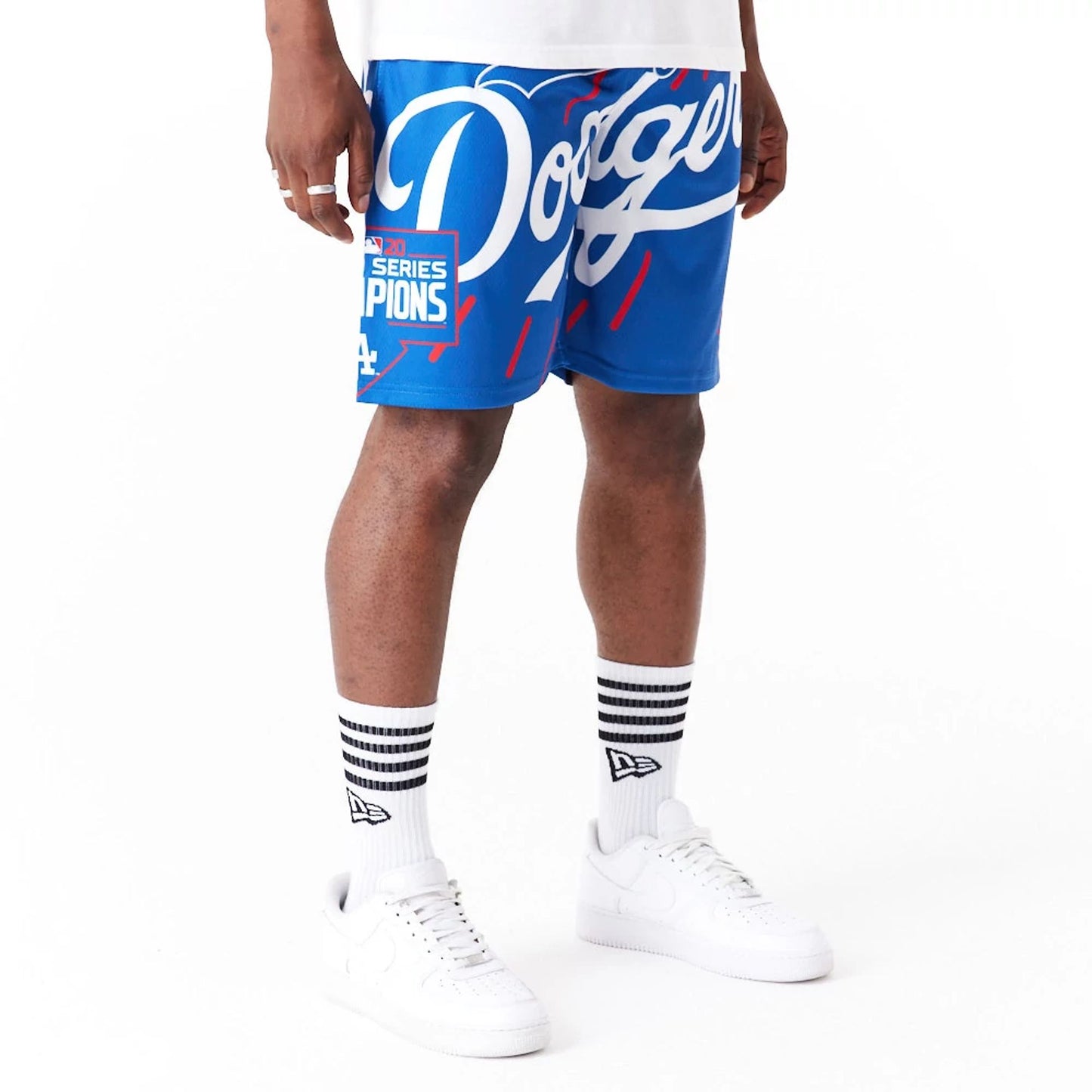 The Male model is wearing LA Dodgers MLB Large Logo Blue Shorts 2