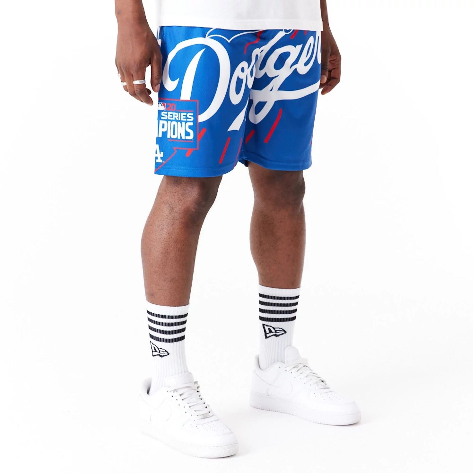 The Male model is wearing LA Dodgers MLB Large Logo Blue Shorts 2