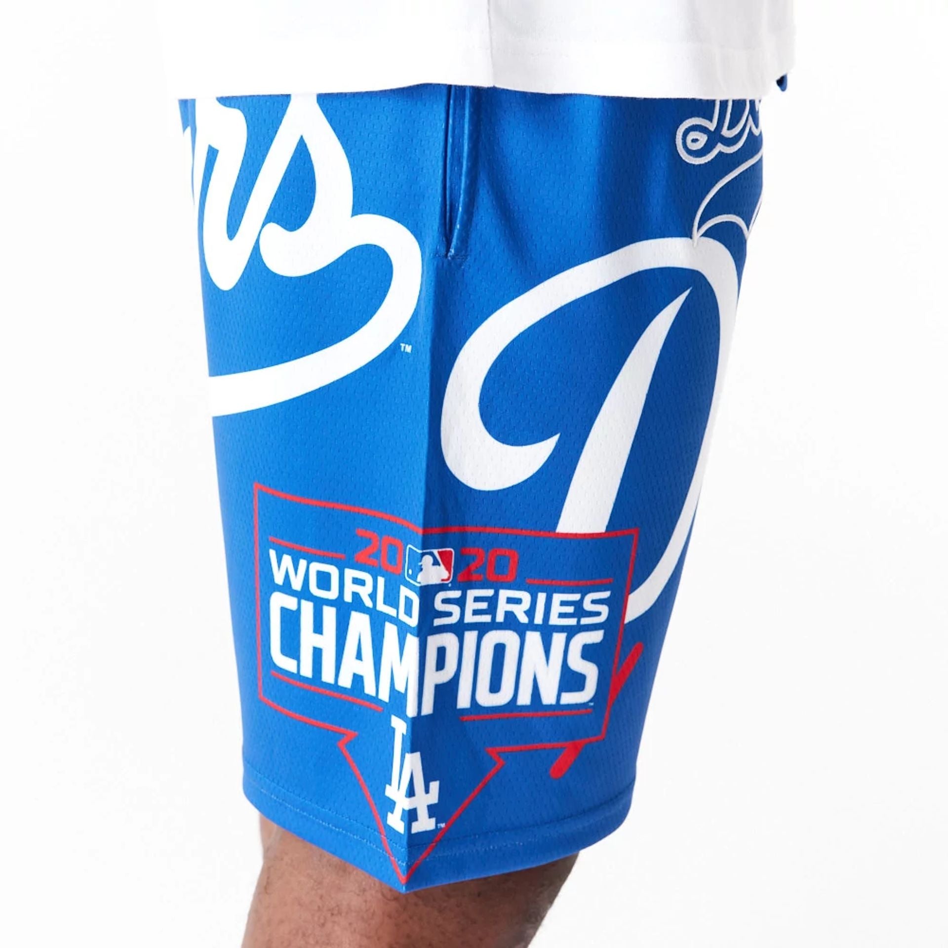 The Male model is wearing LA Dodgers MLB Large Logo Blue Shorts 9