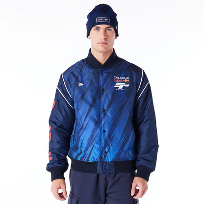 The Male model is wearing Red Bull Sim Racing Navy Bomber Jacket 1