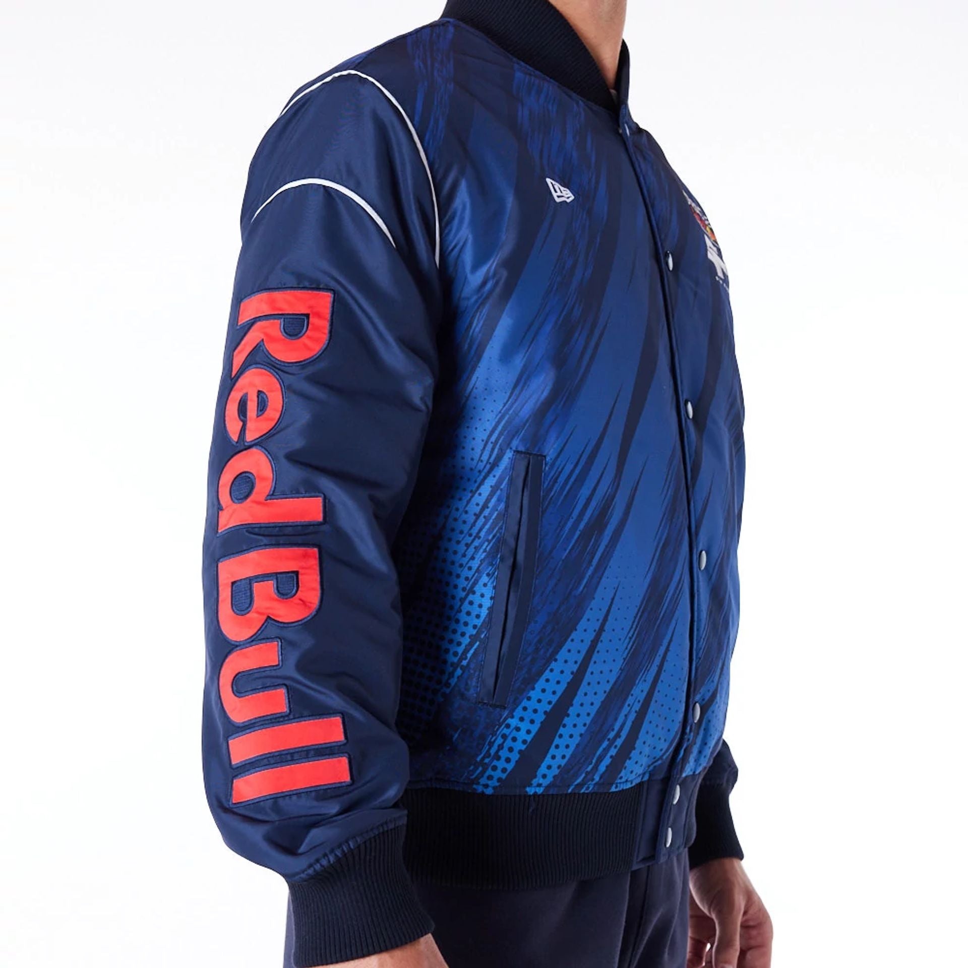 The Male model is wearing Red Bull Sim Racing Navy Bomber Jacket 4