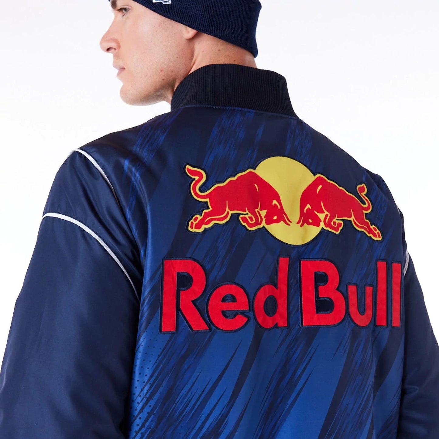 The Male model is wearing Red Bull Sim Racing Navy Bomber Jacket 6