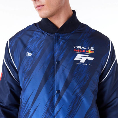 The Male model is wearing Red Bull Sim Racing Navy Bomber Jacket 9