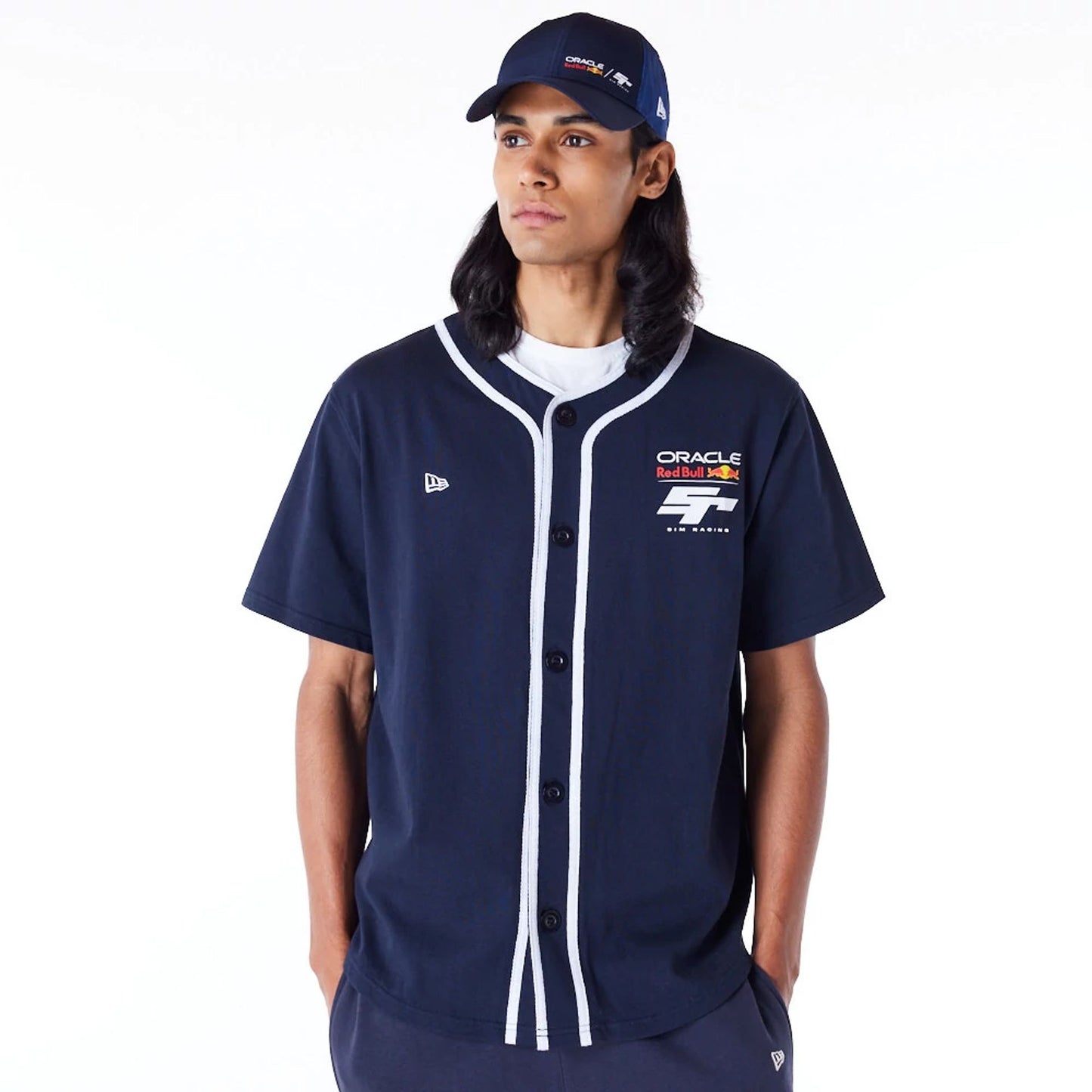 The Male model is wearing Red Bull Sim Racing Navy Baseball Jersey 1