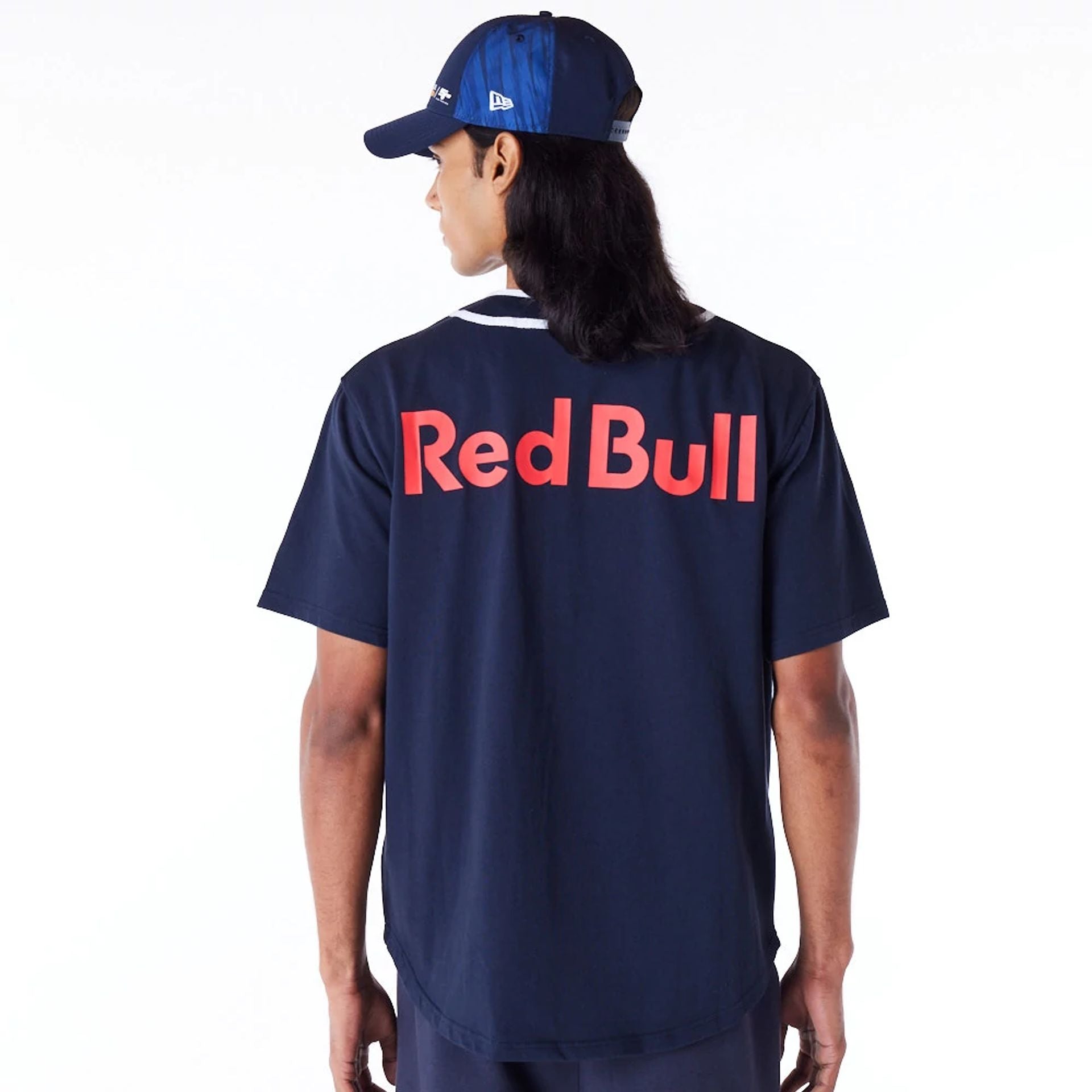 The Male model is wearing Red Bull Sim Racing Navy Baseball Jersey 2