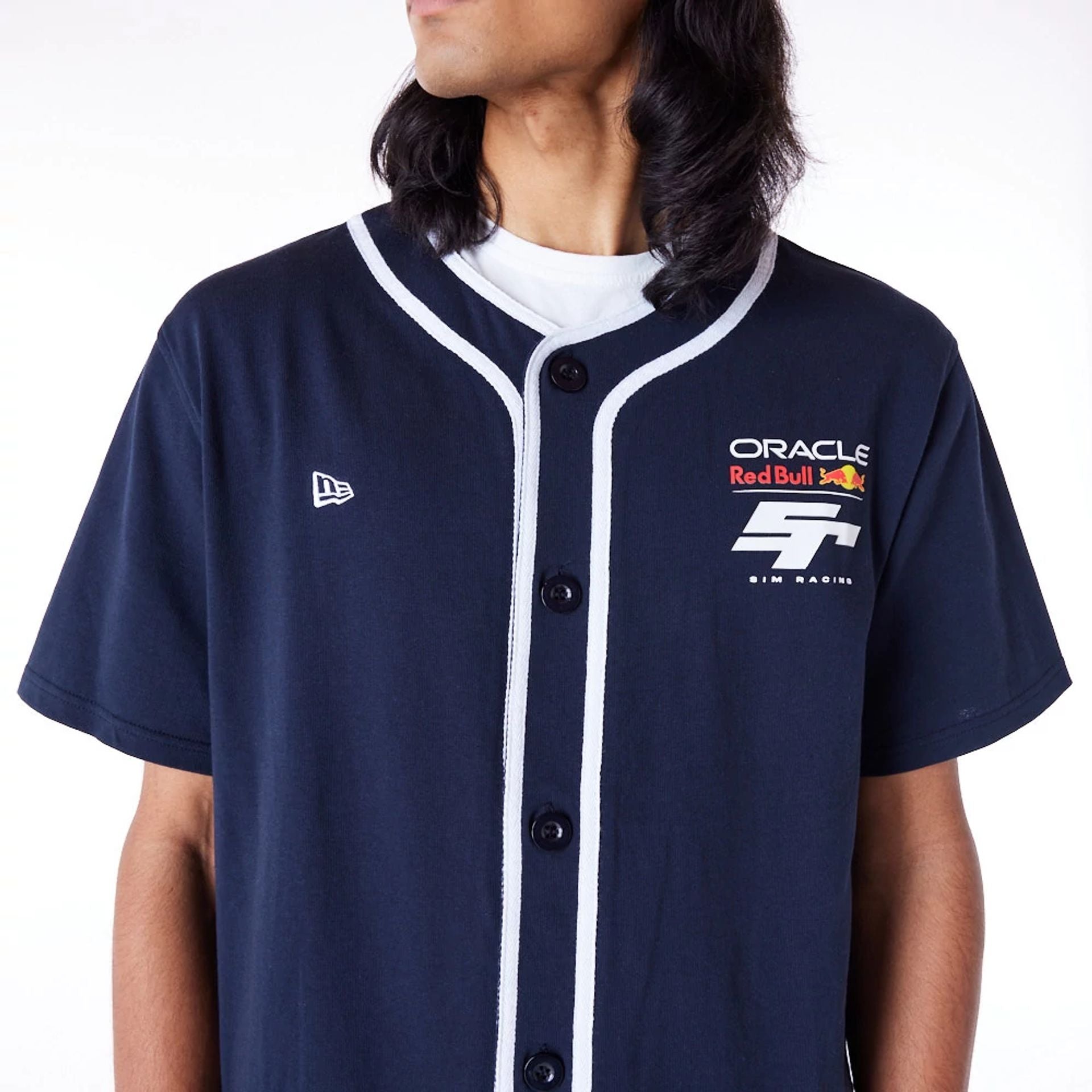 The Male model is wearing Red Bull Sim Racing Navy Baseball Jersey 4