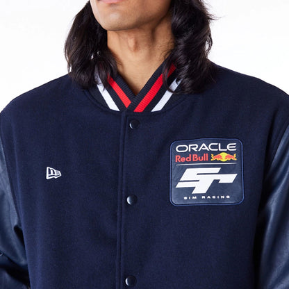 The Male model is wearing Red Bull Sim Racing Navy Varsity Jacket 3