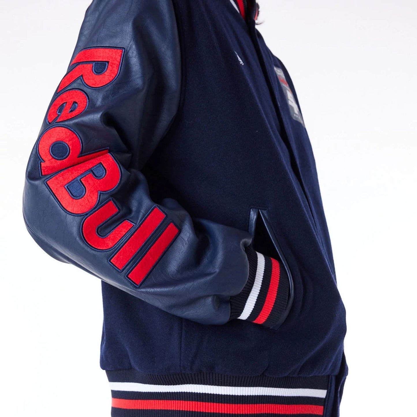 The Male model is wearing Red Bull Sim Racing Navy Varsity Jacket 5