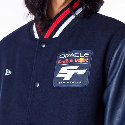 The Male model is wearing Red Bull Sim Racing Navy Varsity Jacket 6