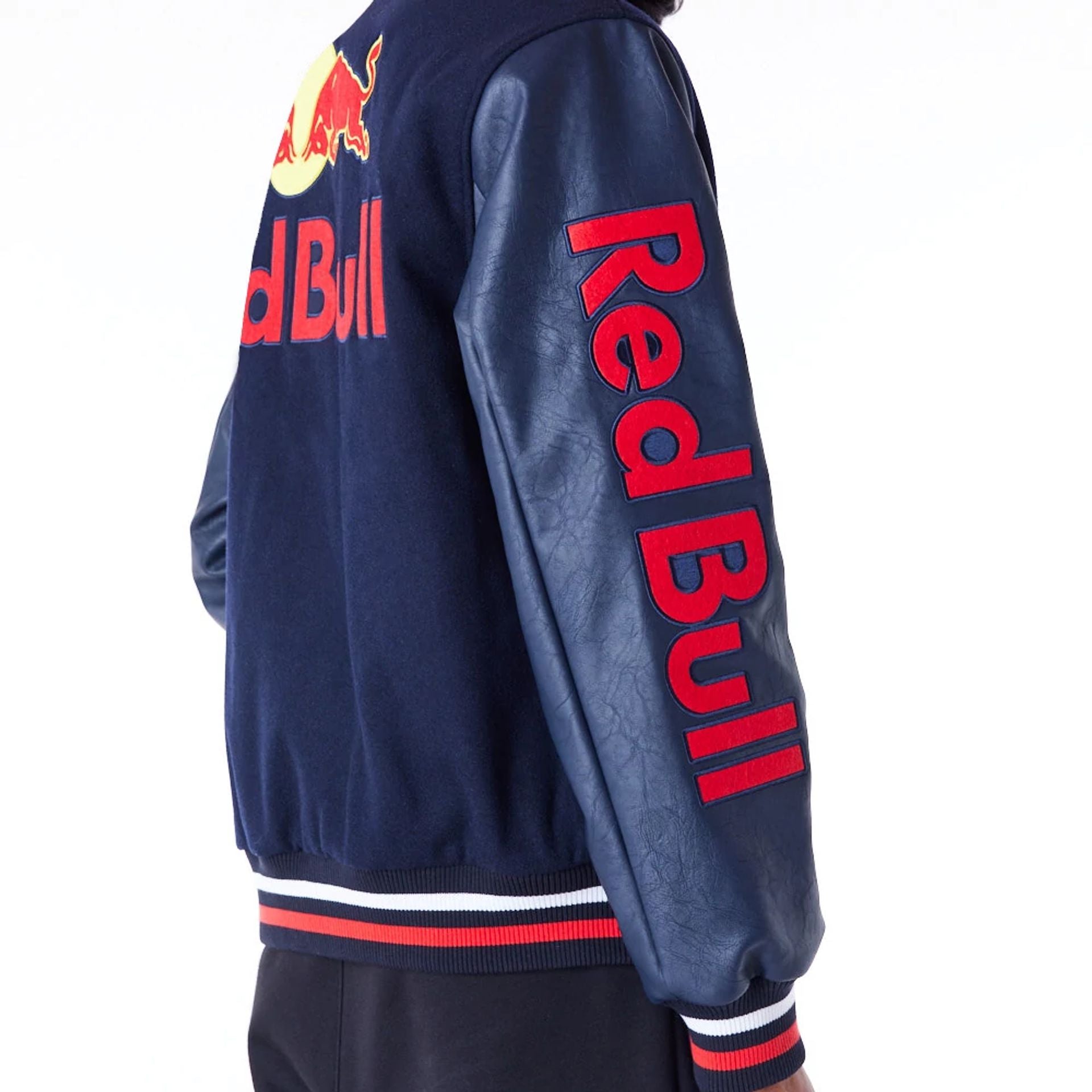 The Male model is wearing Red Bull Sim Racing Navy Varsity Jacket 9