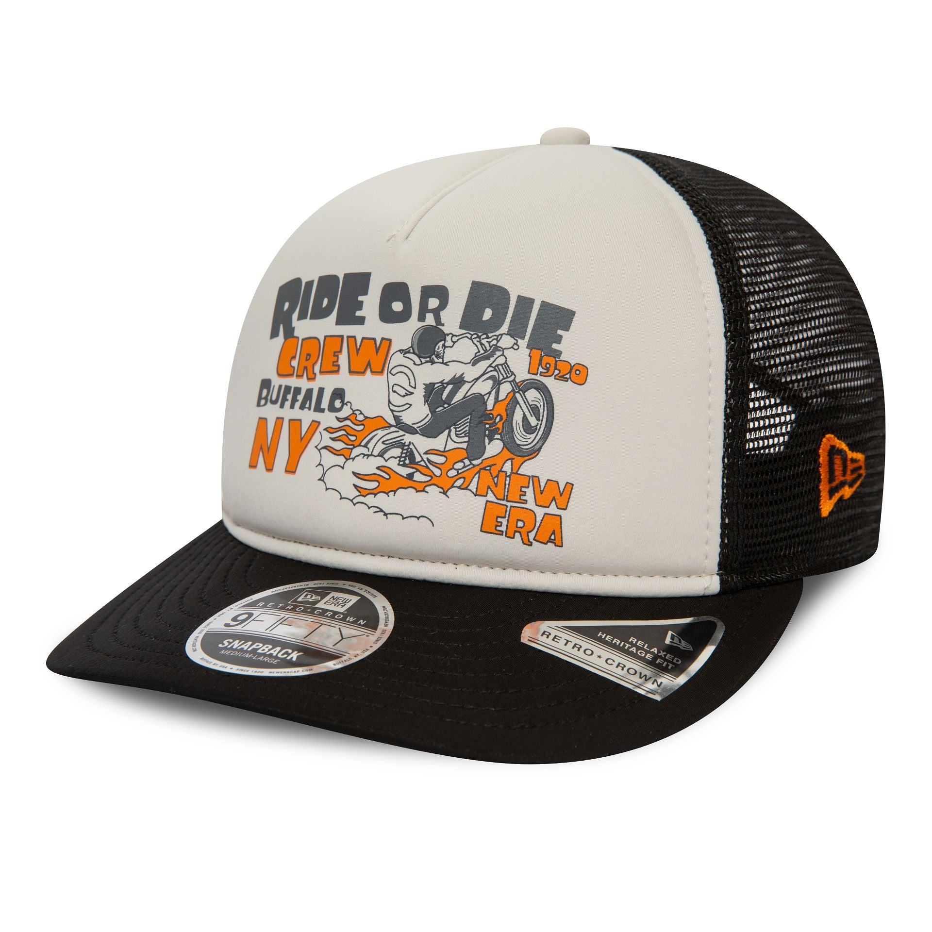 This is a New Era American Ride Or Die Black 9FIFTY Retro Crown A-Frame Cap 1