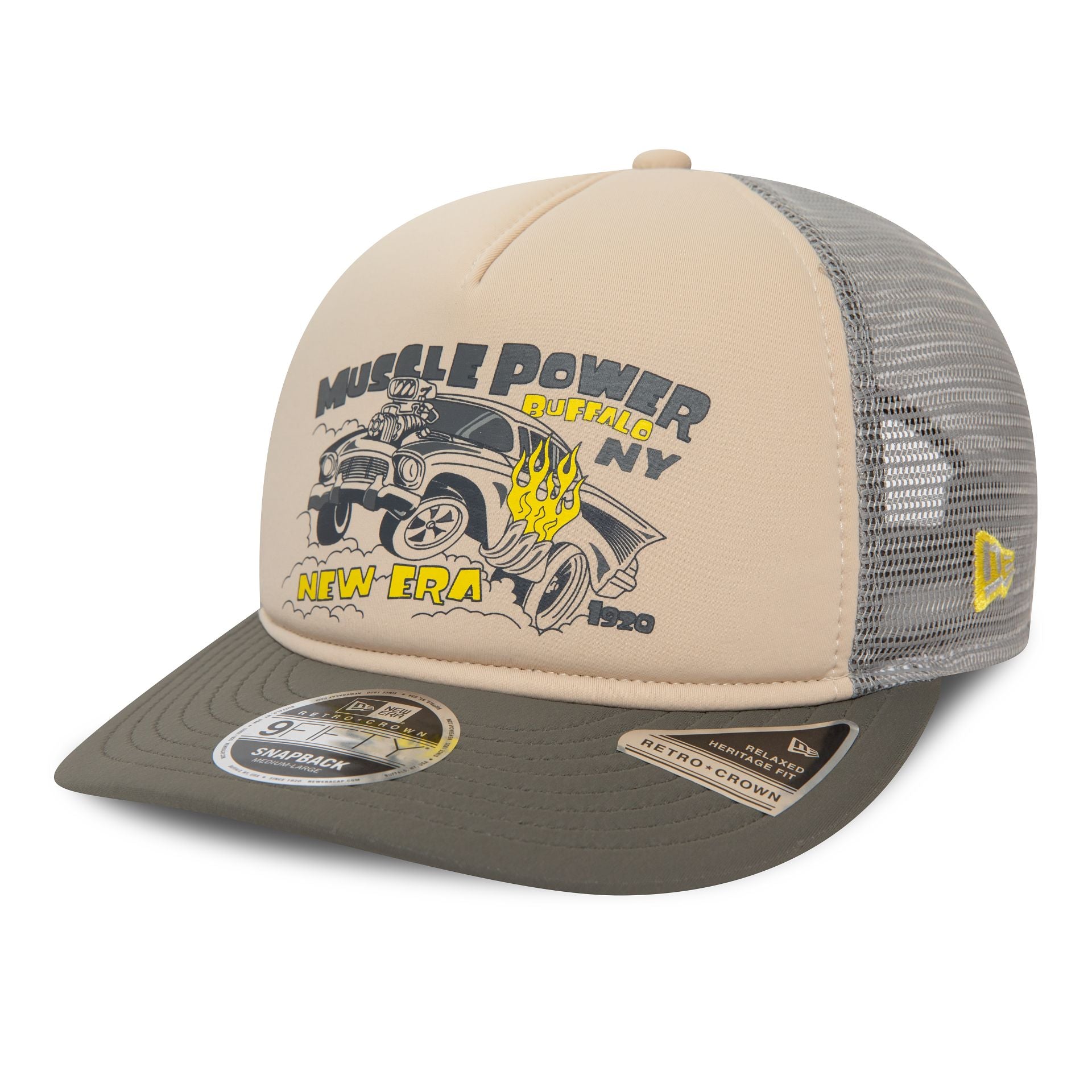 This is a New Era American Muscle Power Grey 9FIFTY Retro Crown A-Frame Cap 1