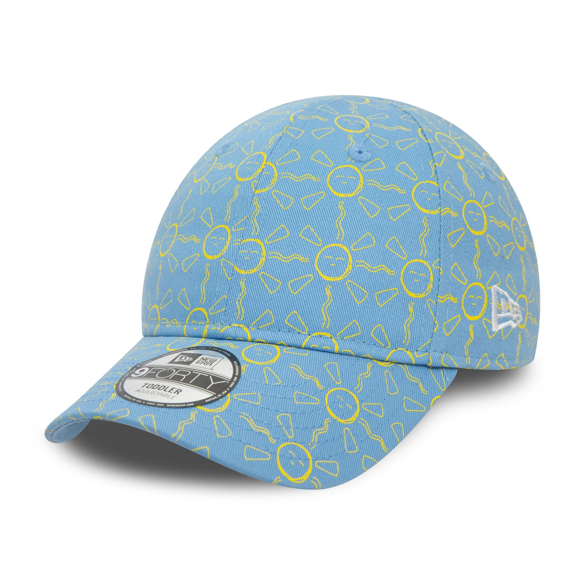 This is a New Era Toddler All Over Print Sun Blue 9FORTY Adjustable Cap 1