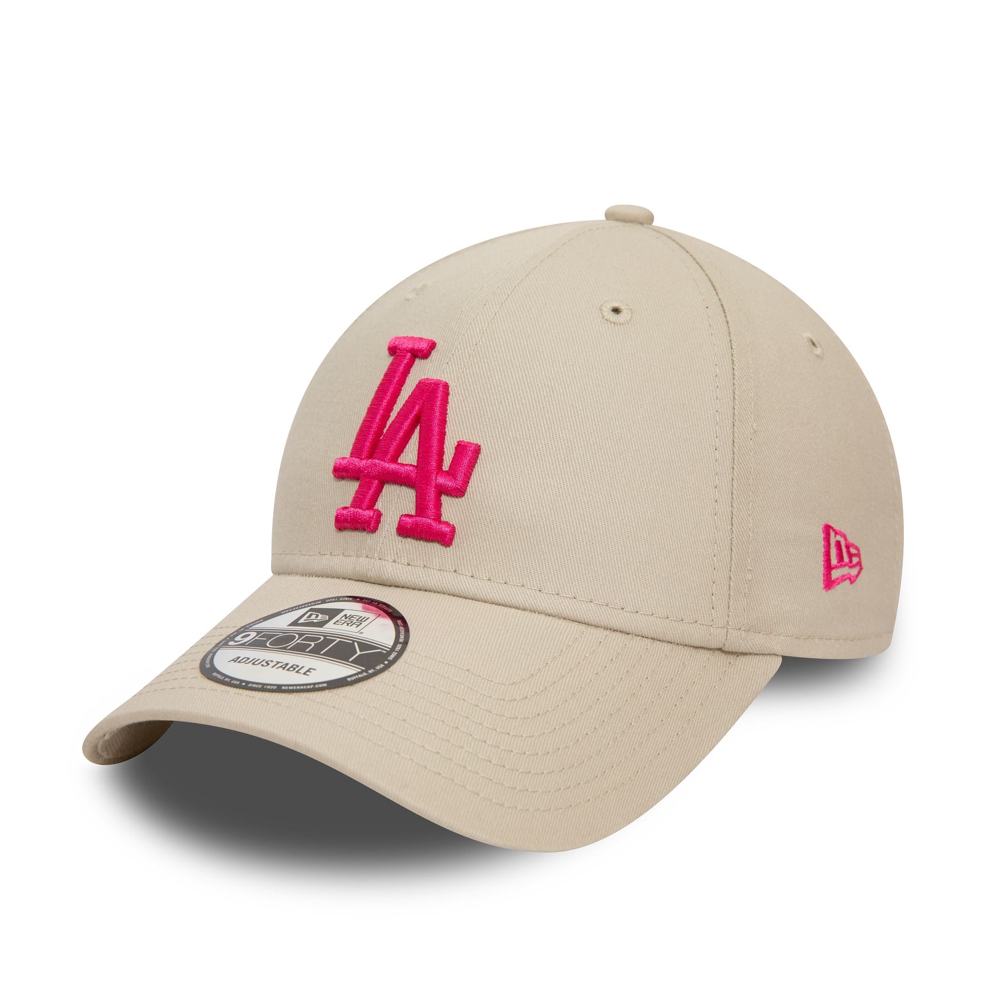 This is a LA Dodgers League Essential Light Beige 9FORTY Adjustable Cap 1