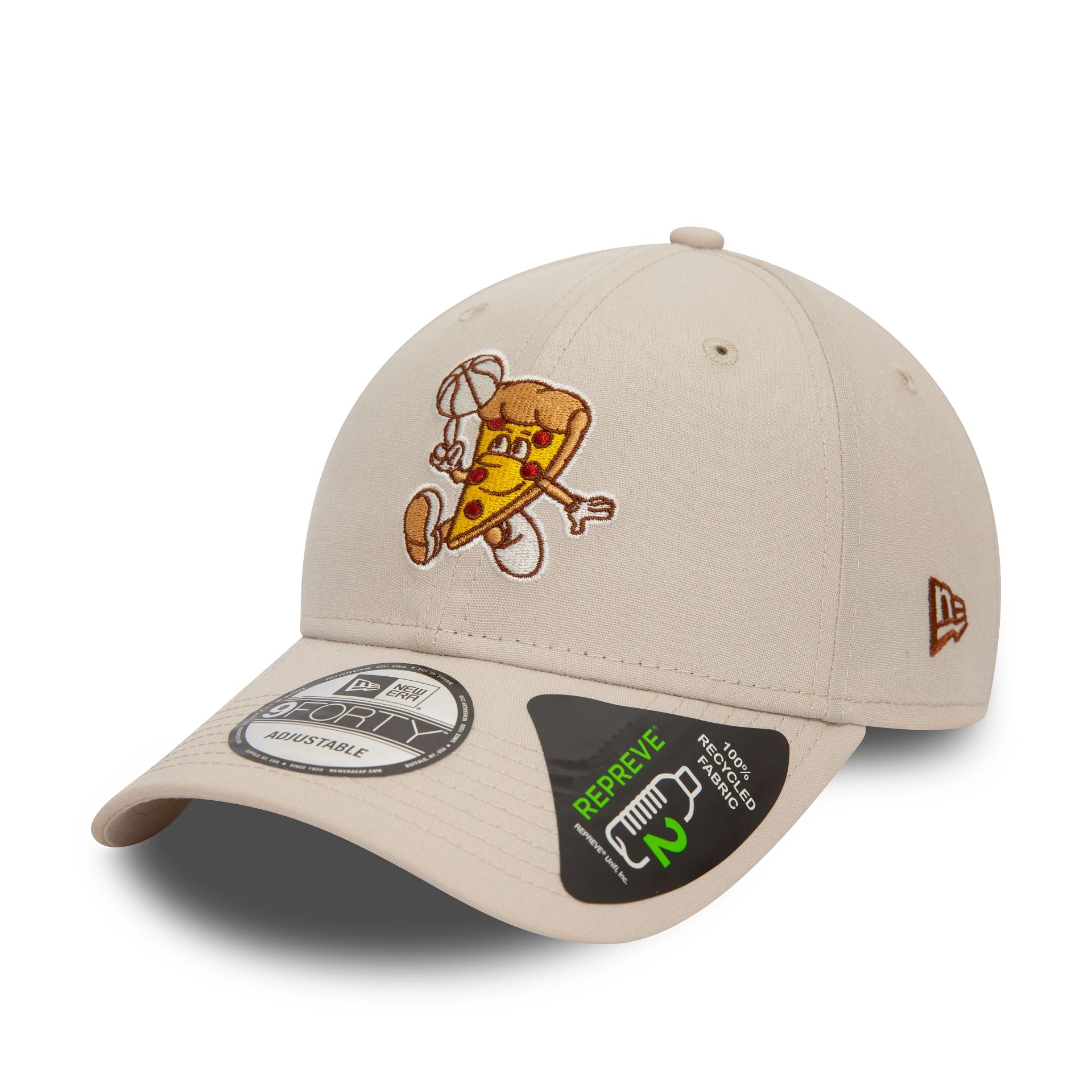 This is a New Era Basketball Pizza Repreve Light Beige 9FORTY Adjustable Cap 1