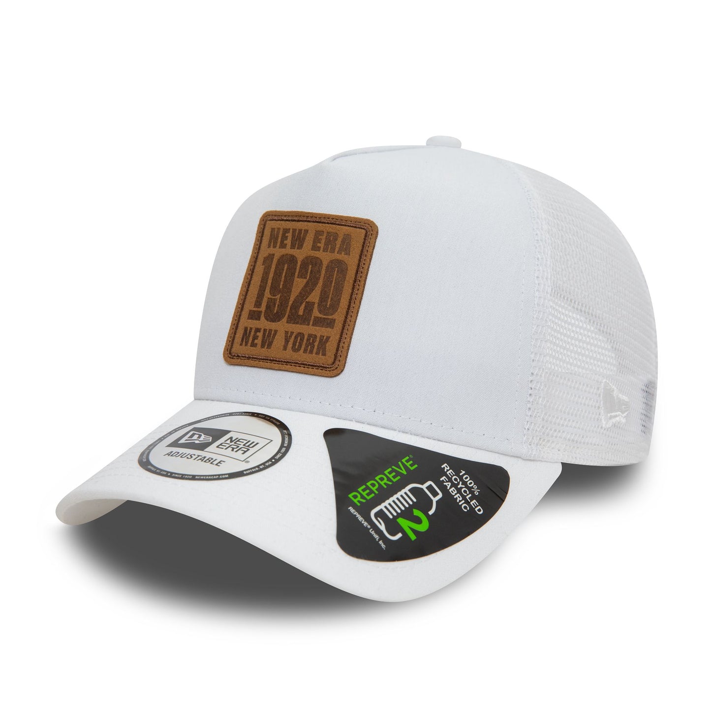 This is a New Era Repreve White A-Frame Trucker Cap 1