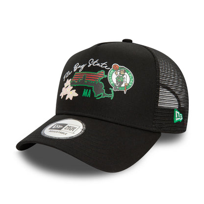 This is a Boston Celtics NBA Team Logo Black A-Frame Trucker Cap 1