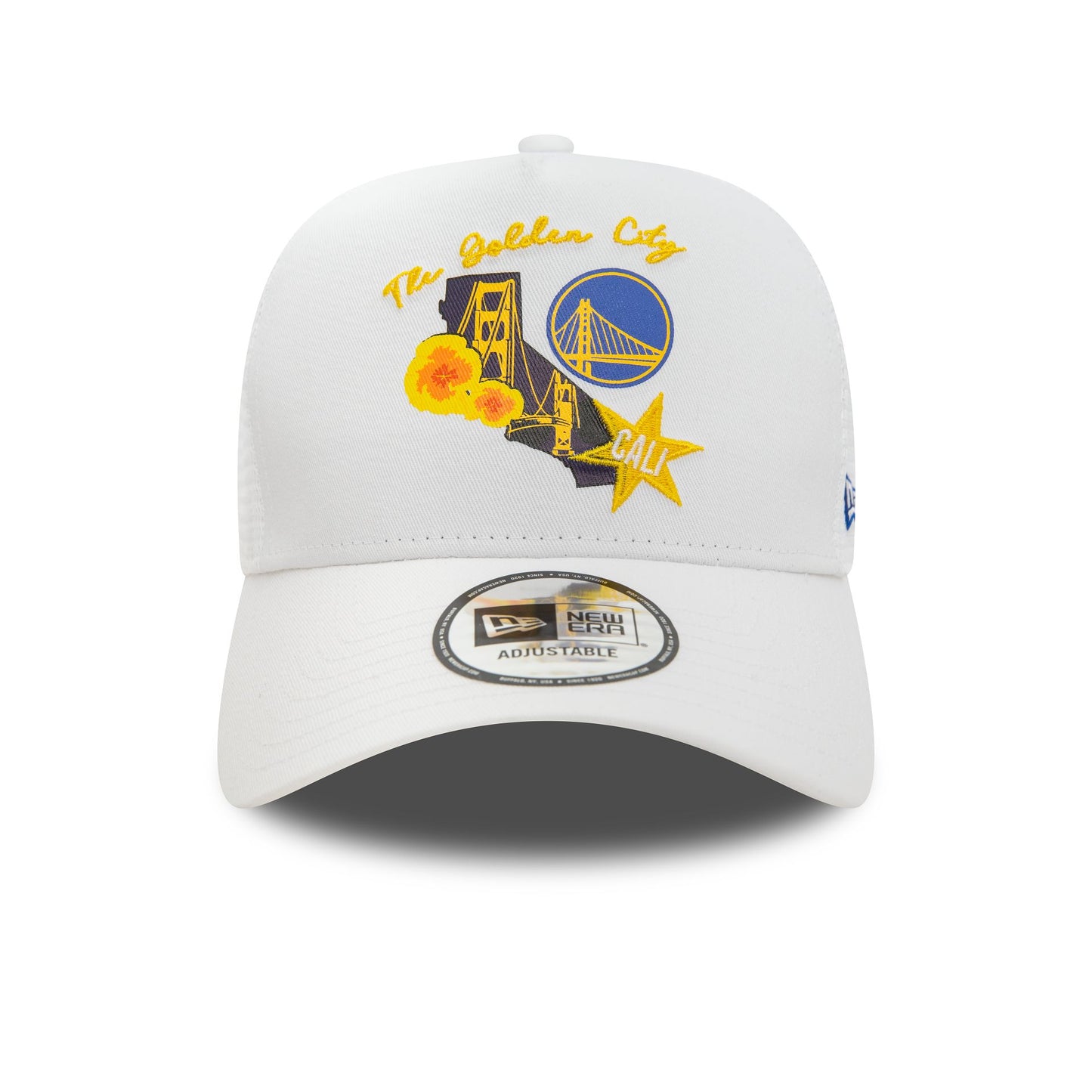 This is a Golden State Warriors NBA Team Logo White A-Frame Trucker Cap 3