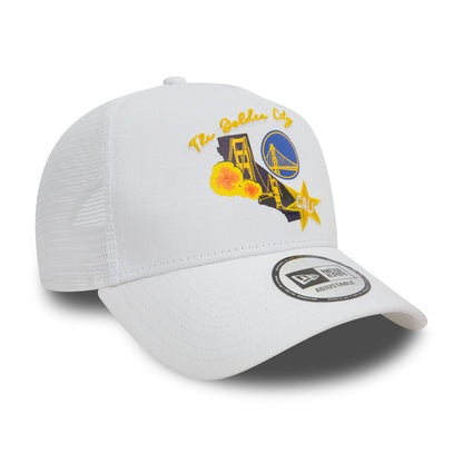 This is a Golden State Warriors NBA Team Logo White A-Frame Trucker Cap 4