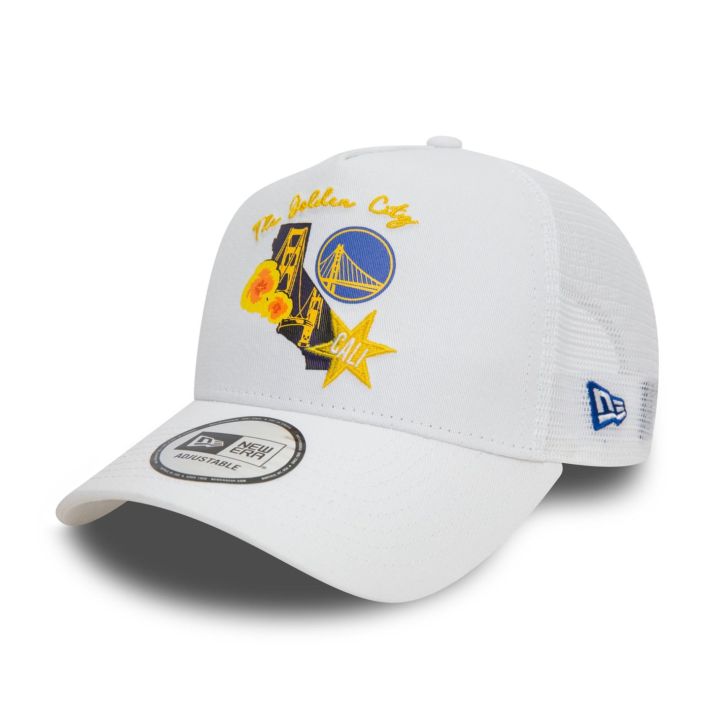 This is a Golden State Warriors NBA Team Logo White A-Frame Trucker Cap 1