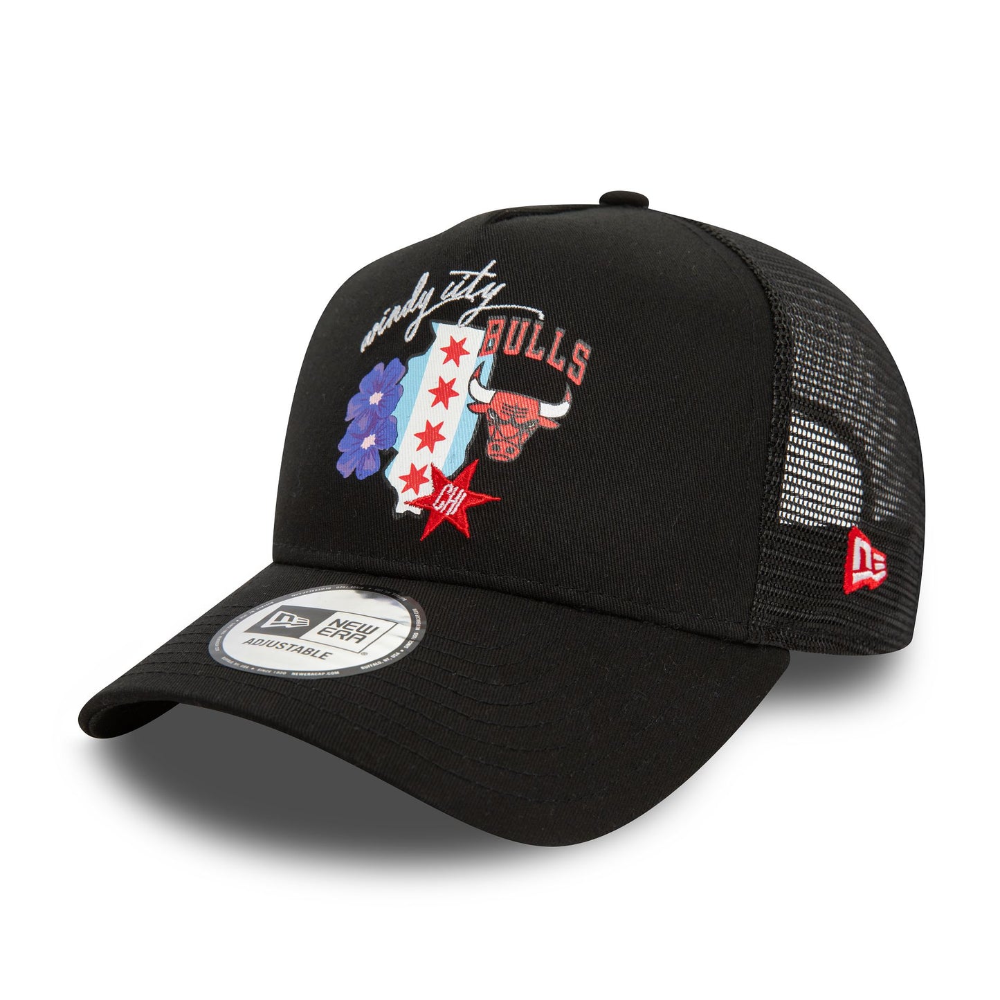 This is a Chicago Bulls NBA Team Logo Black A-Frame Trucker Cap 1