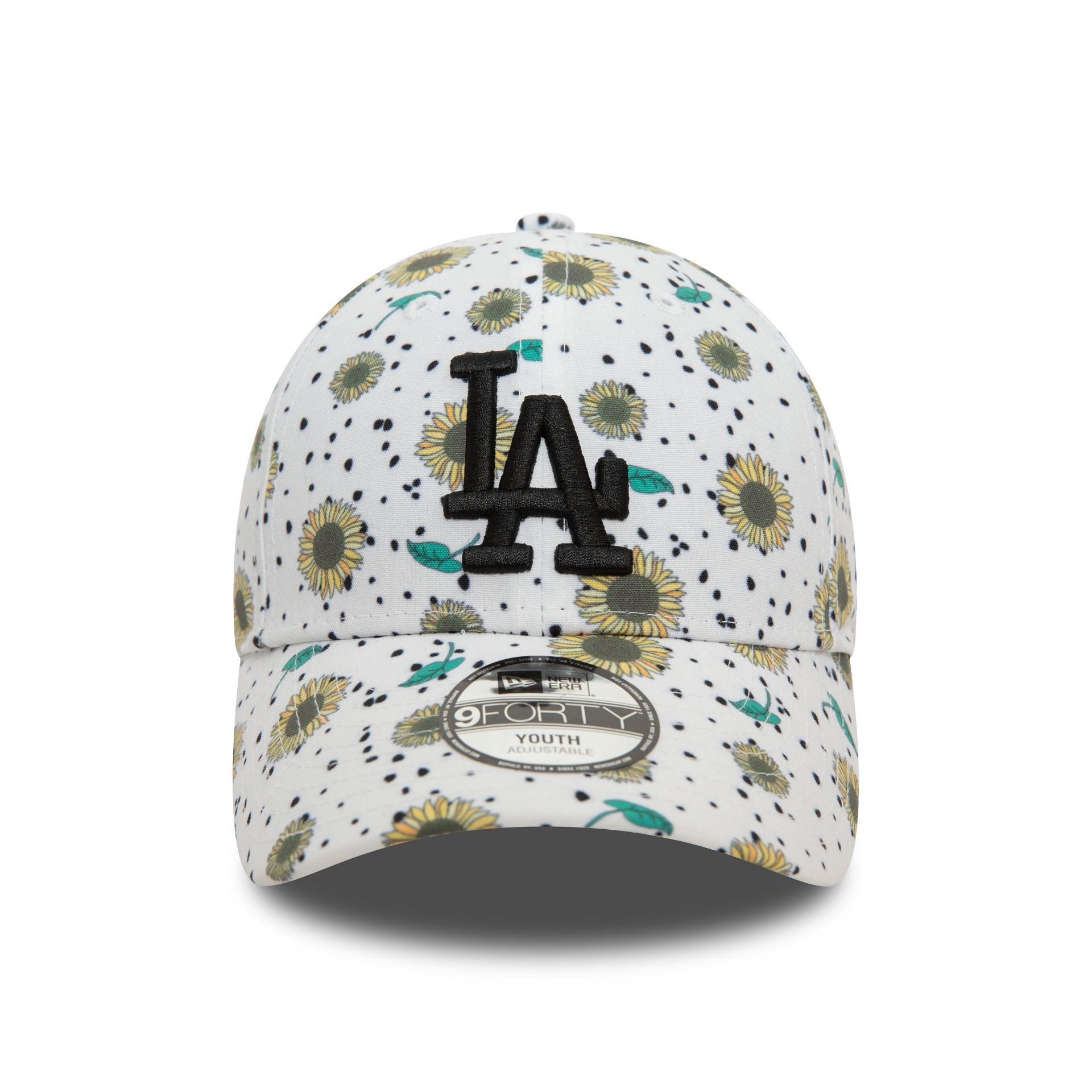 This is a LA Dodgers Youth Floral All Over Print White 9FORTY Adjustable Cap 2