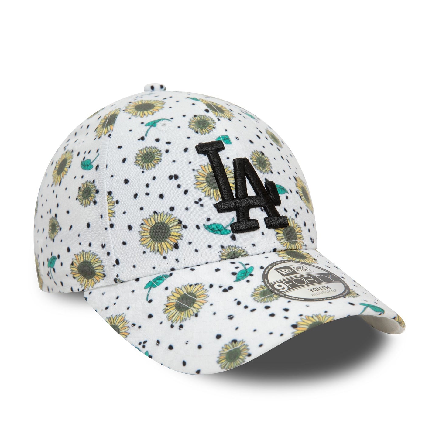 This is a LA Dodgers Youth Floral All Over Print White 9FORTY Adjustable Cap 3