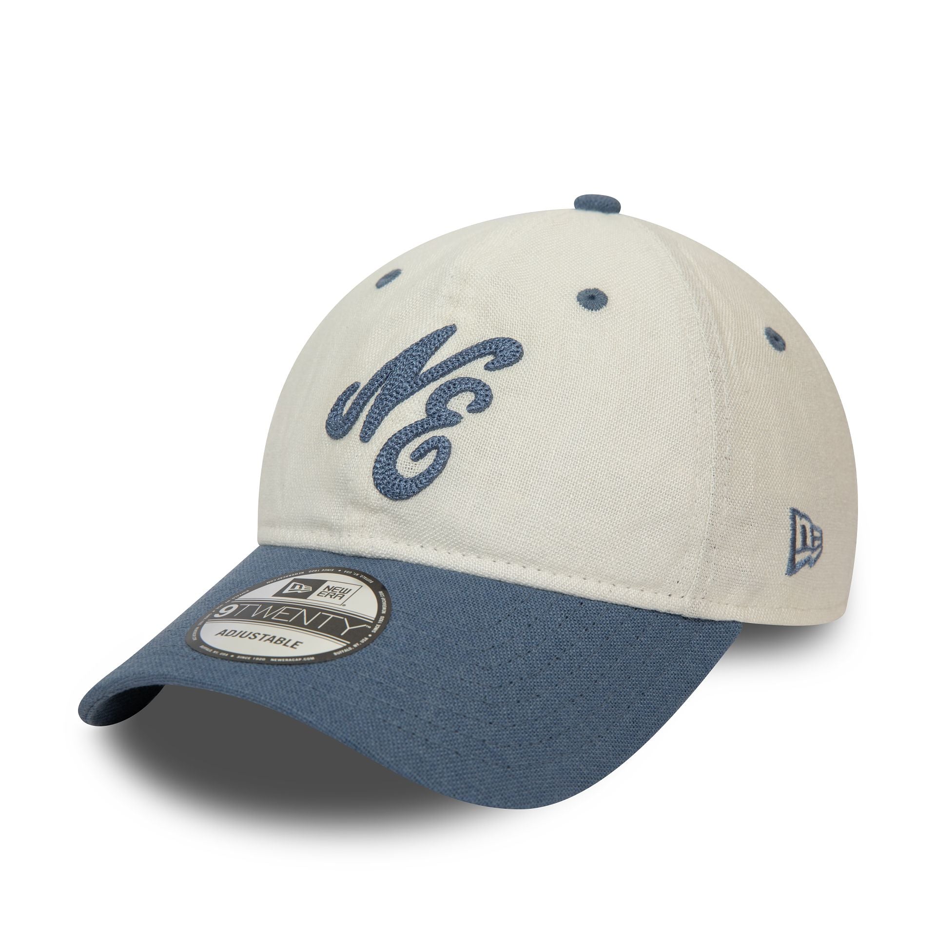 This is a New Era Linen Script White and Blue 9TWENTY Adjustable Cap 1