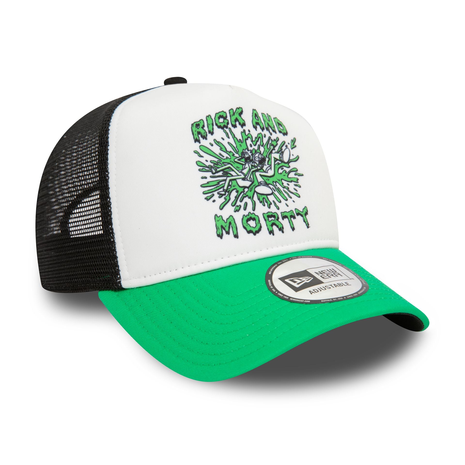 This is a Rick And Morty Teleport Slime White A-Frame Trucker Cap 2