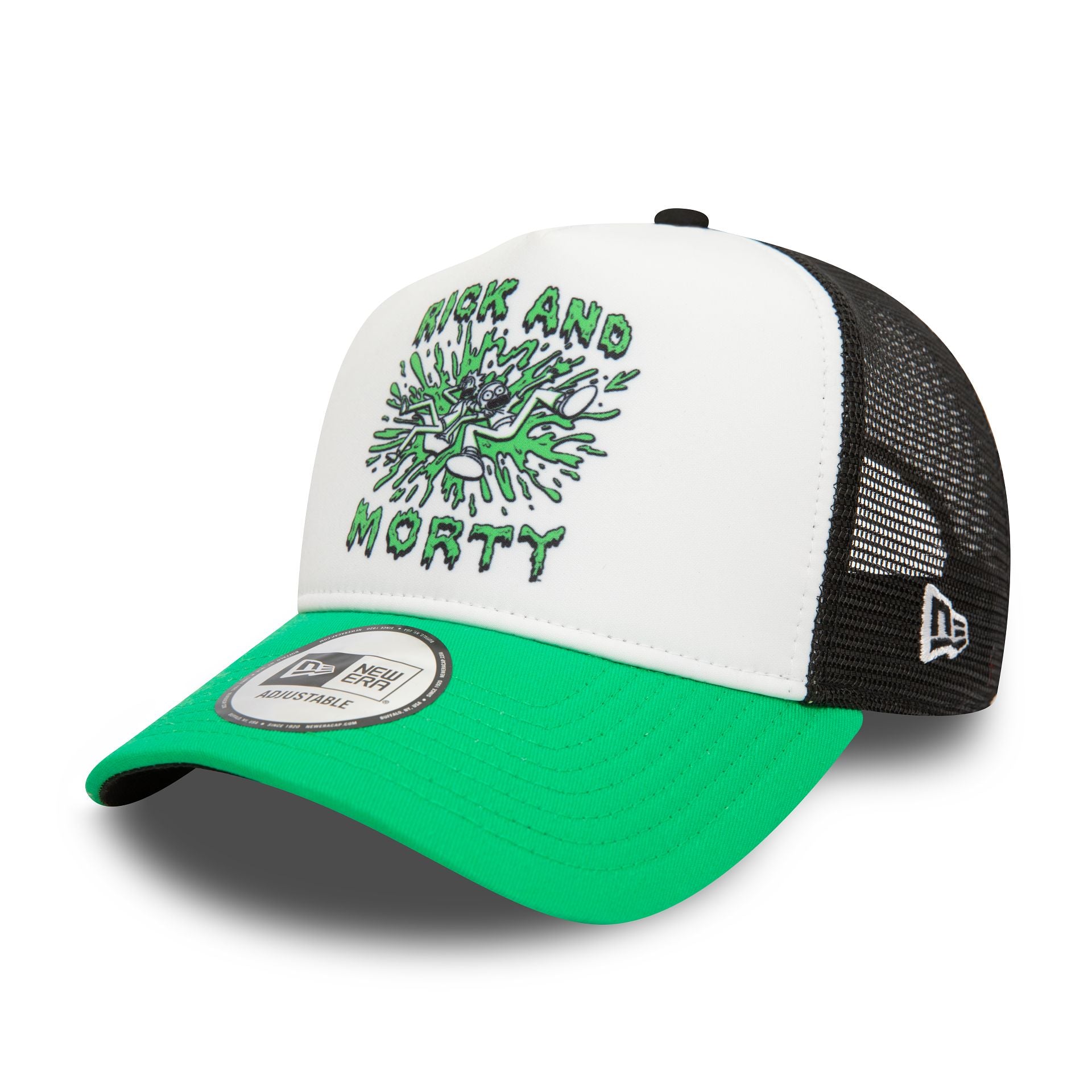 This is a Rick And Morty Teleport Slime White A-Frame Trucker Cap 1