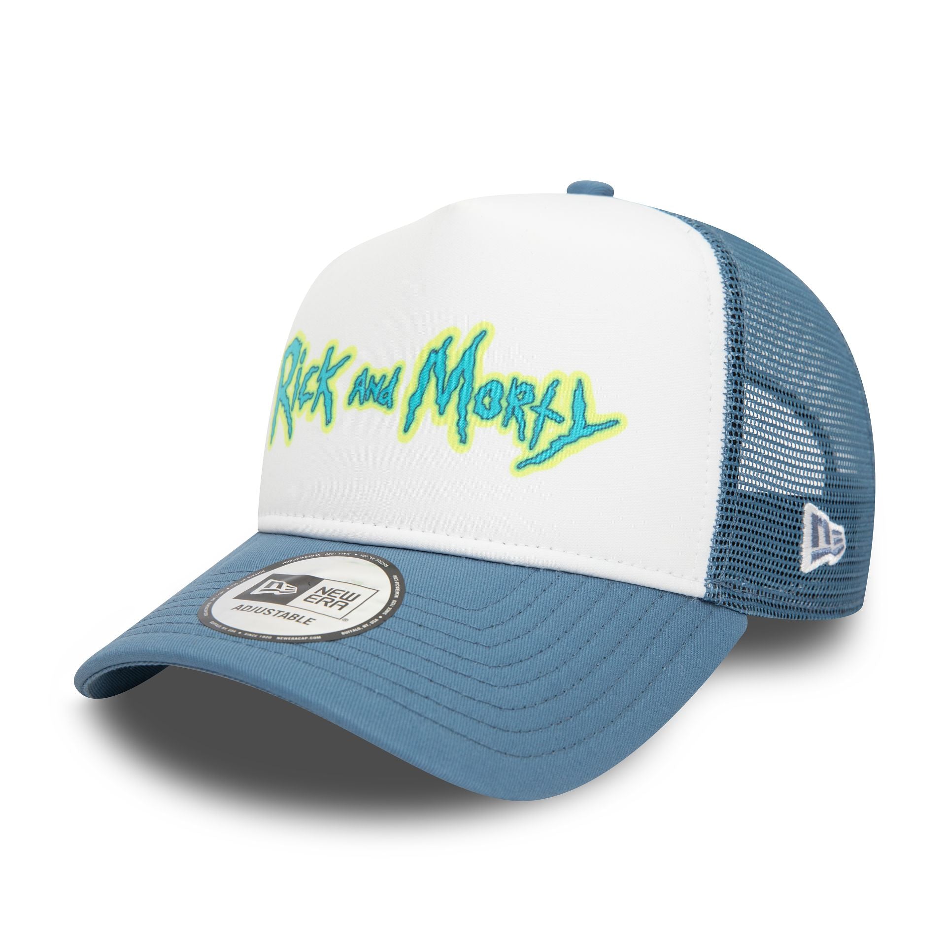 This is a Rick And Morty Wordmark Blue A-Frame Trucker Cap 1