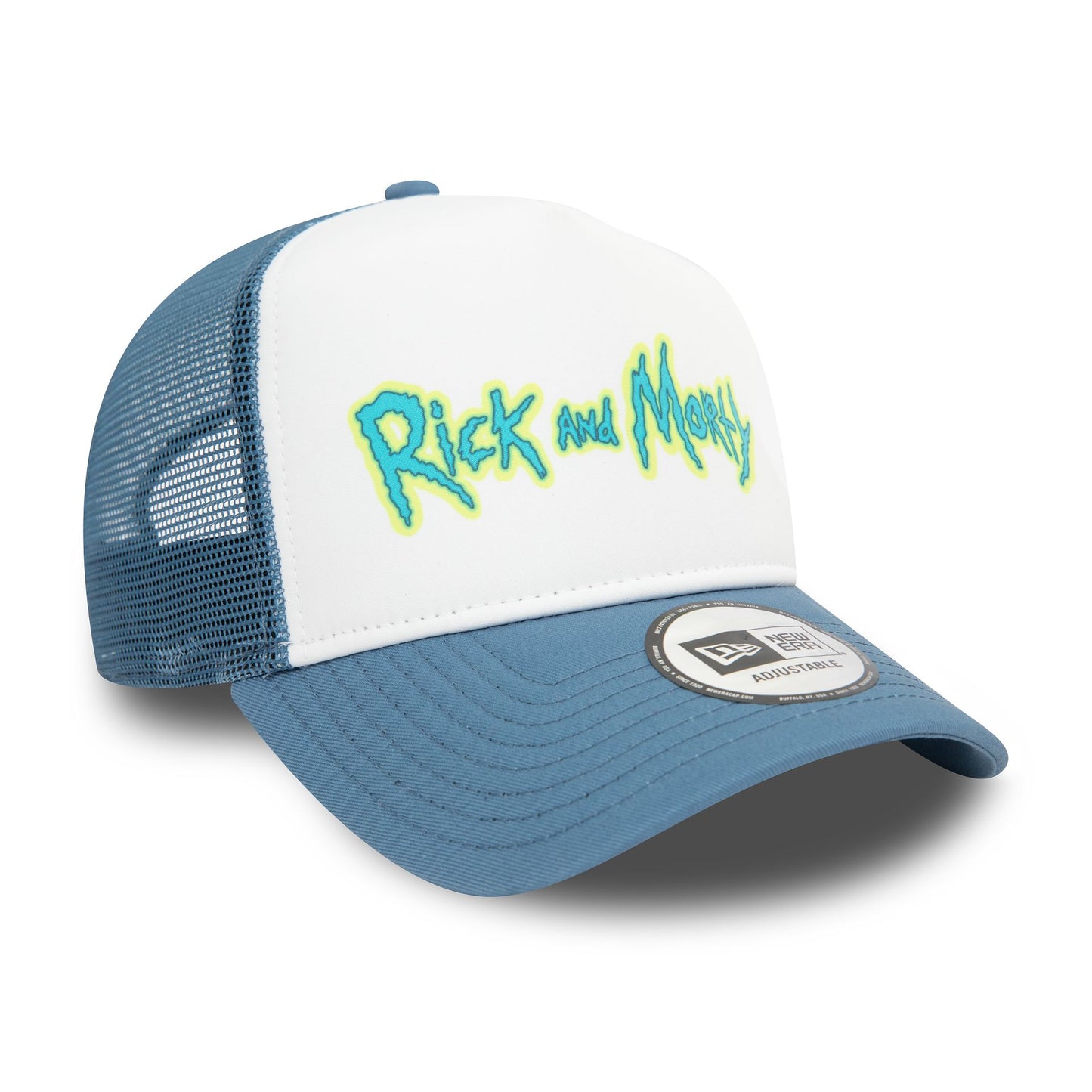 This is a Rick And Morty Wordmark Blue A-Frame Trucker Cap 3