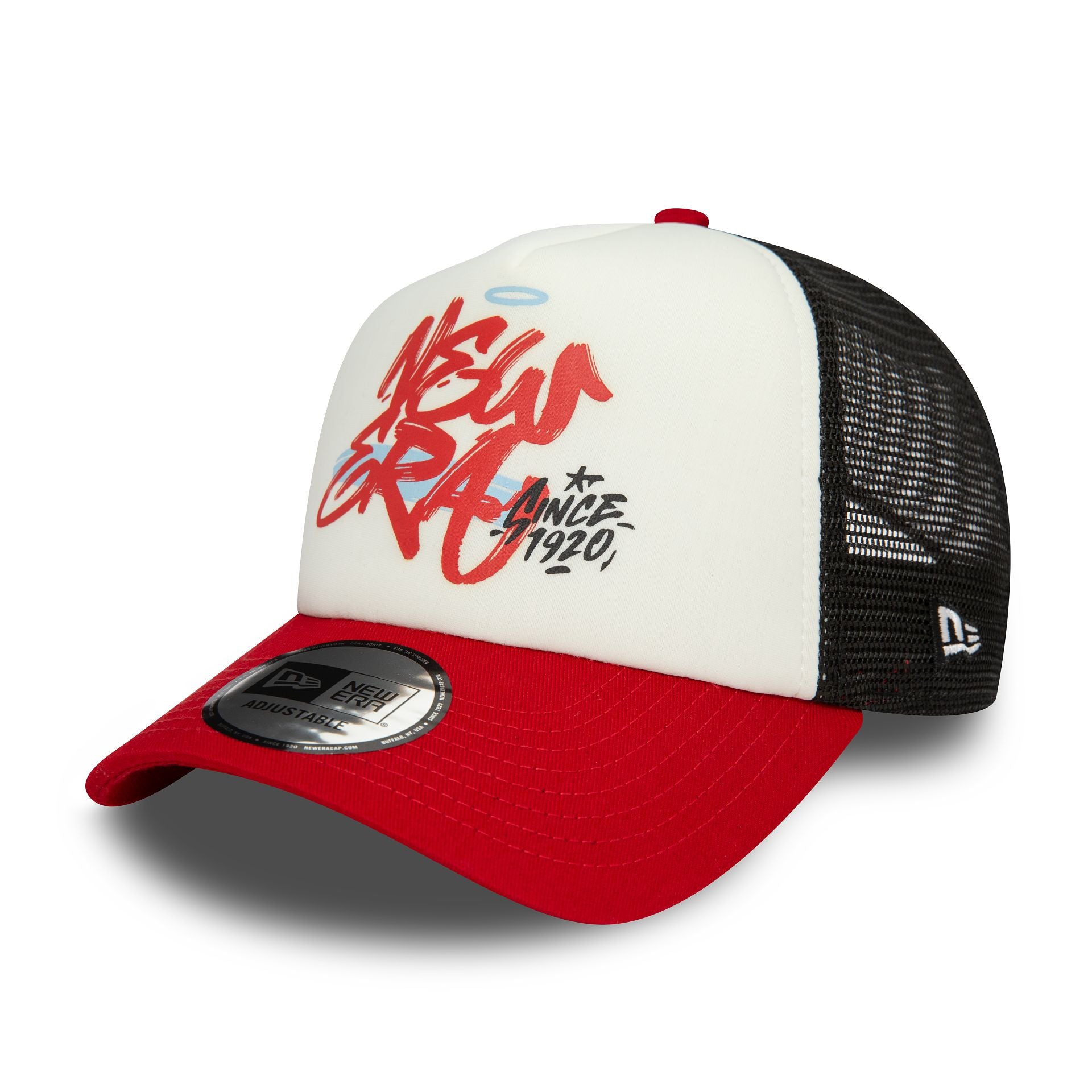 This is a New Era Youth Graffiti Red A-Frame Trucker Cap 1