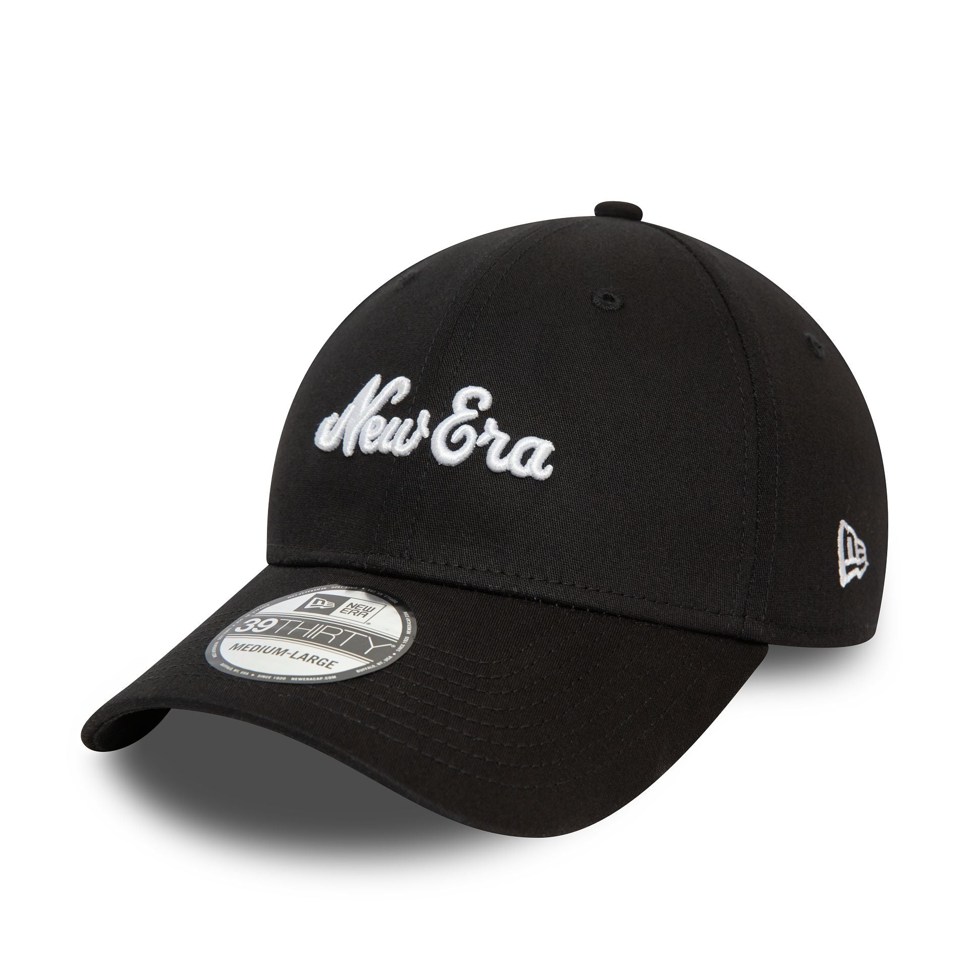 This is a New Era Script Black 39THIRTY Stretch Fit Cap 1