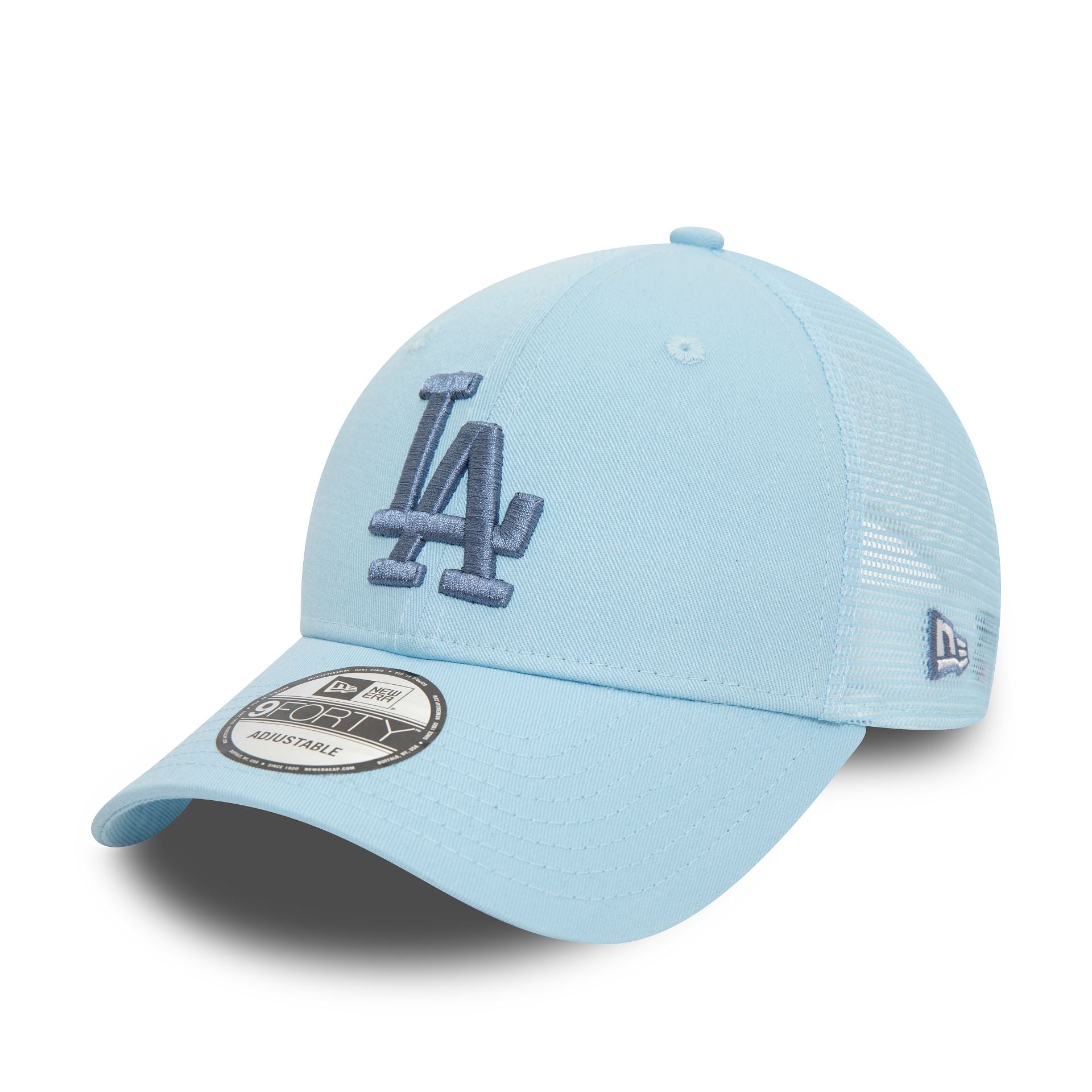 This is a LA Dodgers Home Field Pastel Blue 9FORTY Trucker Cap 1