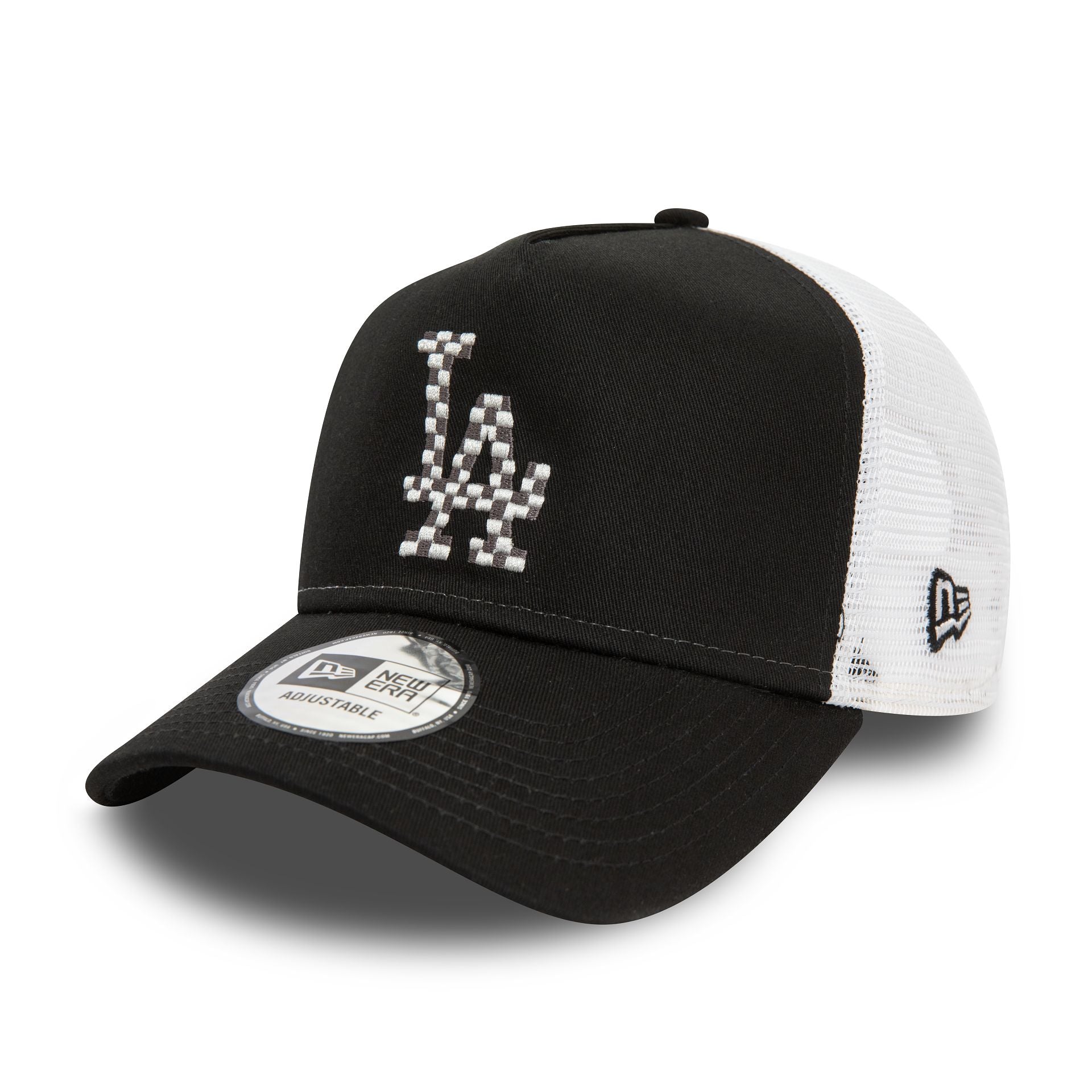 This is a LA Dodgers Seasonal Infill Black A-Frame Trucker Cap 1