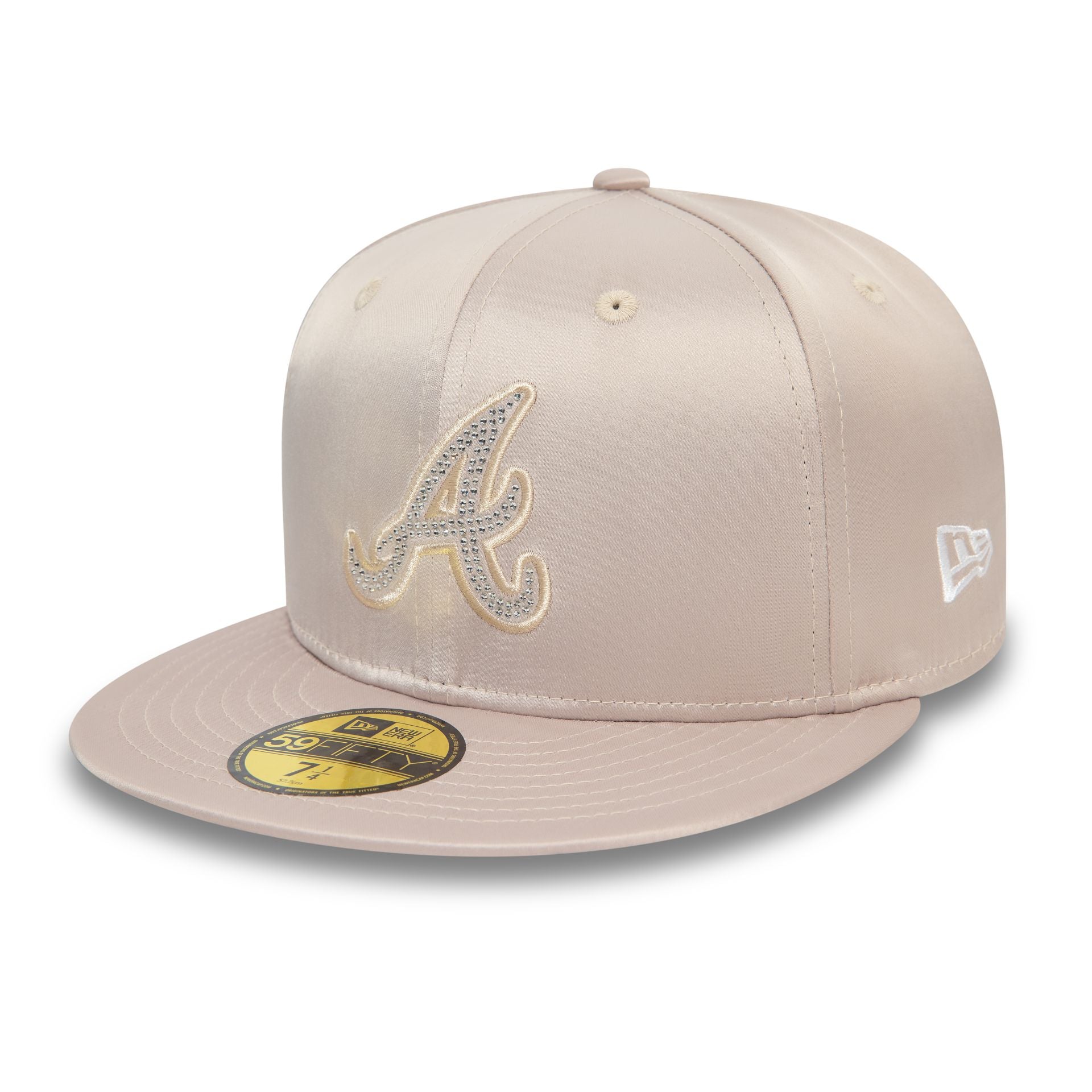 This is a Atlanta Braves MLB Rhinestone Satin Light Beige 59FIFTY Fitted Cap 1