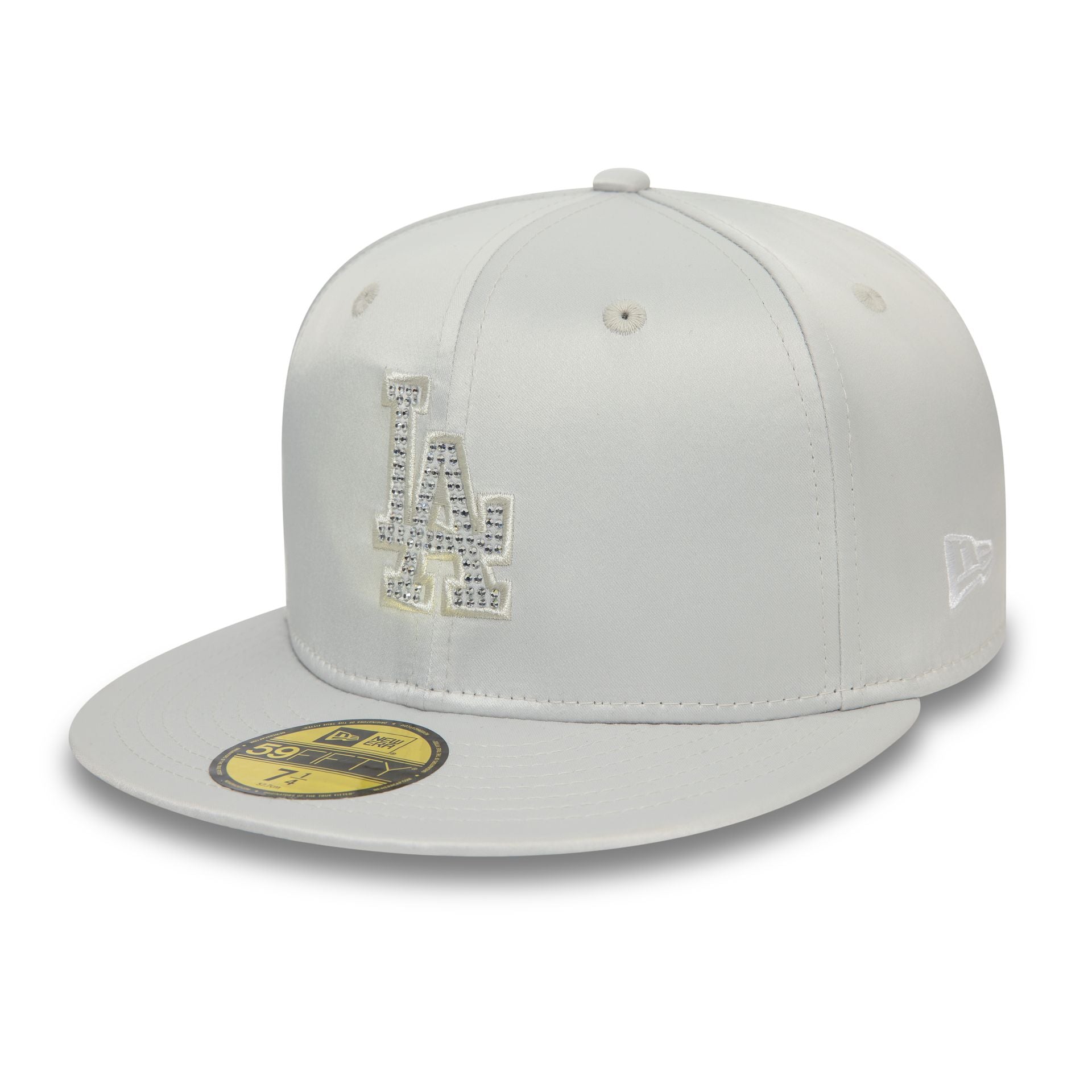 This is a LA Dodgers MLB Rhinestone Satin Light Grey 59FIFTY Fitted Cap 1