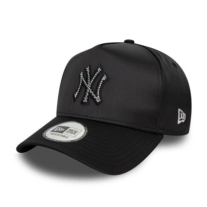 This is a New York Yankees MLB Satin Rhinestone Black 9FORTY E-Frame Adjustable Cap 1