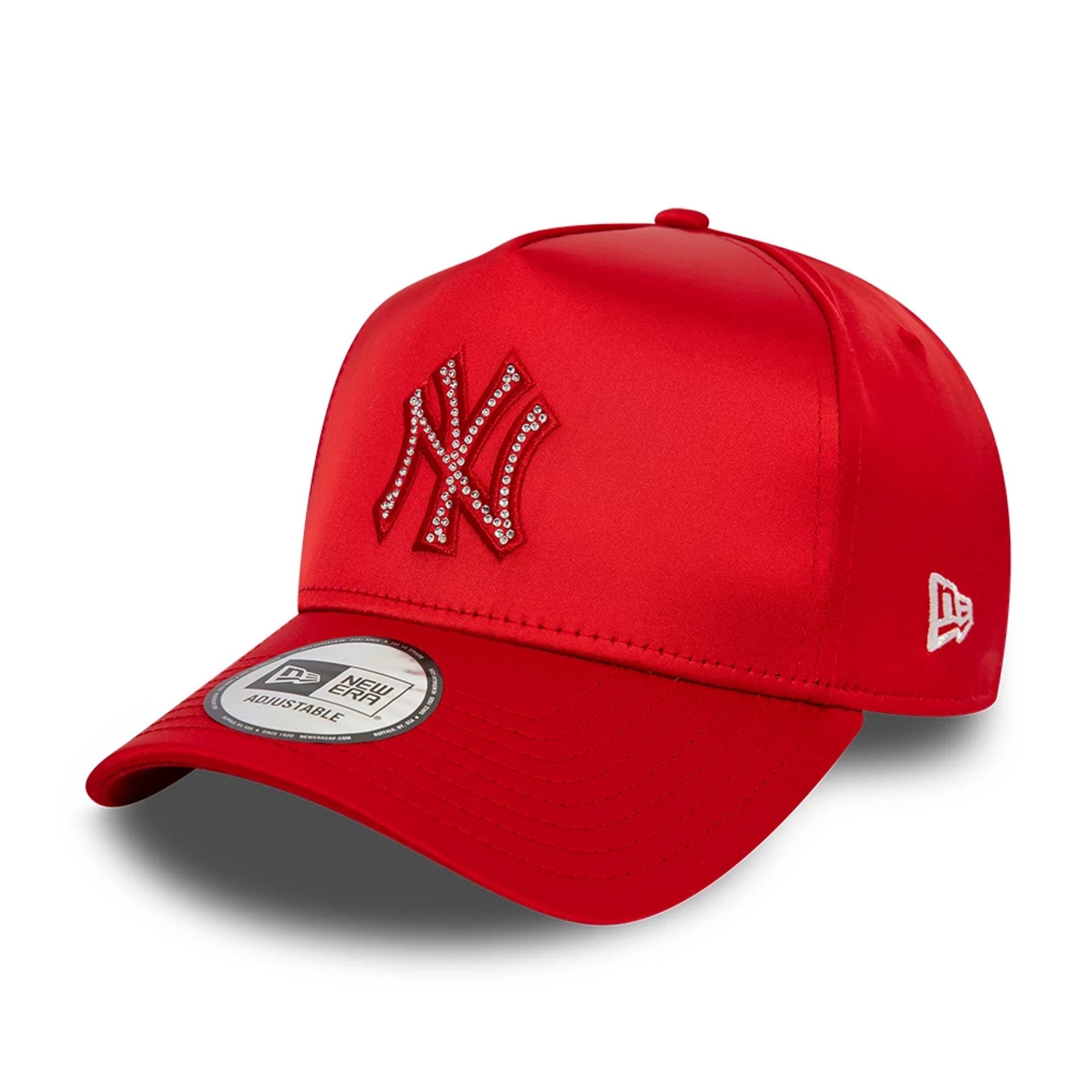 This is a New York Yankees MLB Satin Rhinestone Red 9FORTY E-Frame Adjustable Cap 1