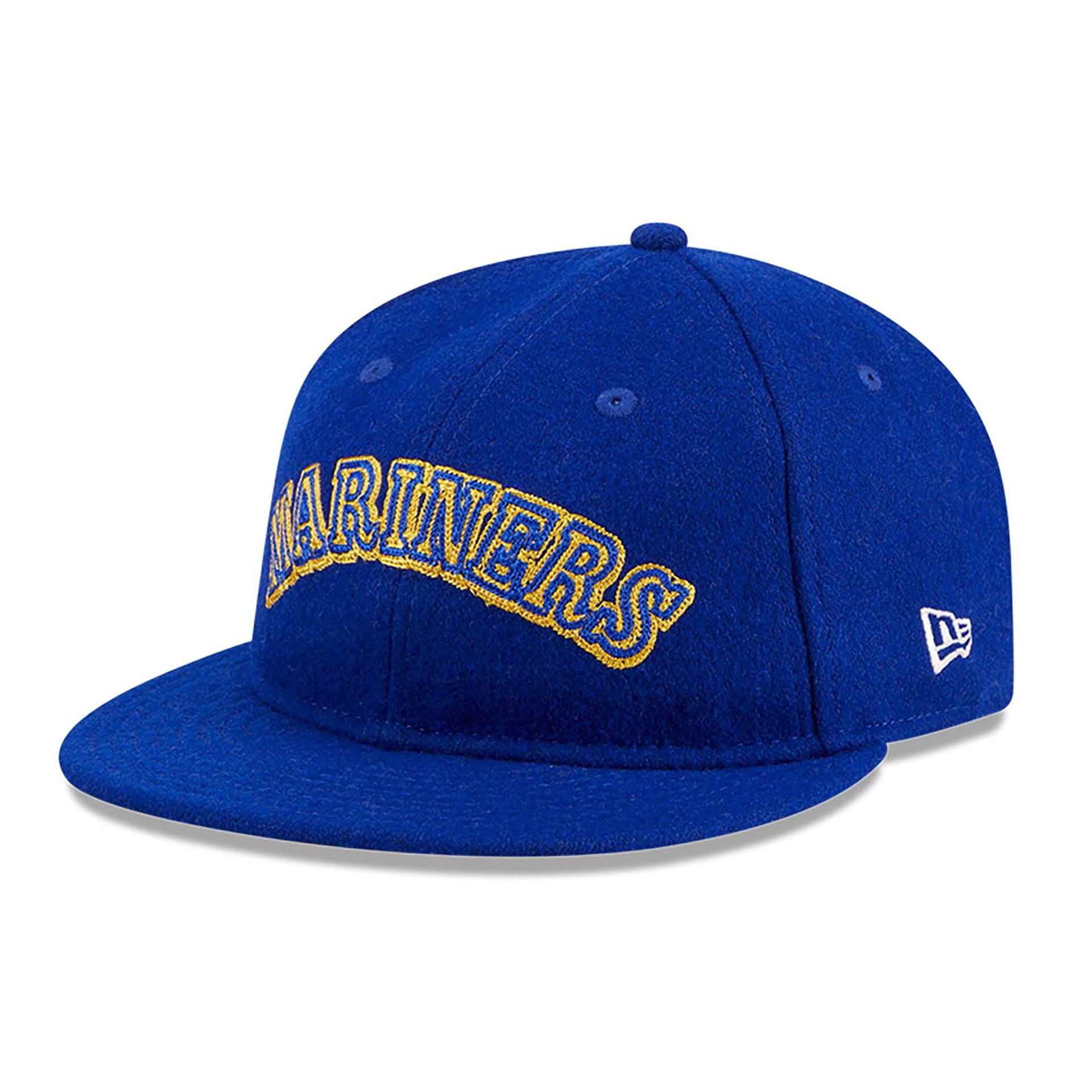 This is a Seattle Mariners Melton Wool Blue Retro Crown 9FIFTY Strapback Cap 1