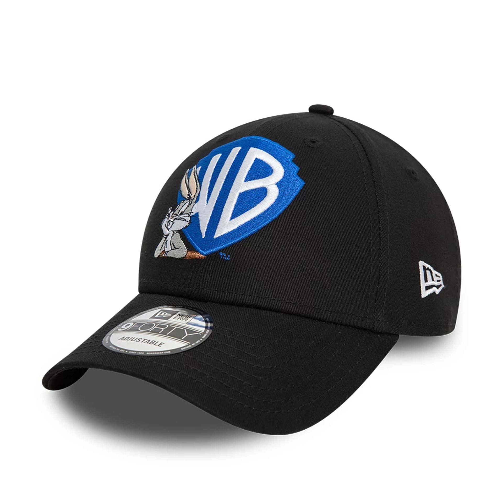 This is a Warner Brothers Shield Logo Bugs Bunny Black 9FORTY Adjustable Cap 1