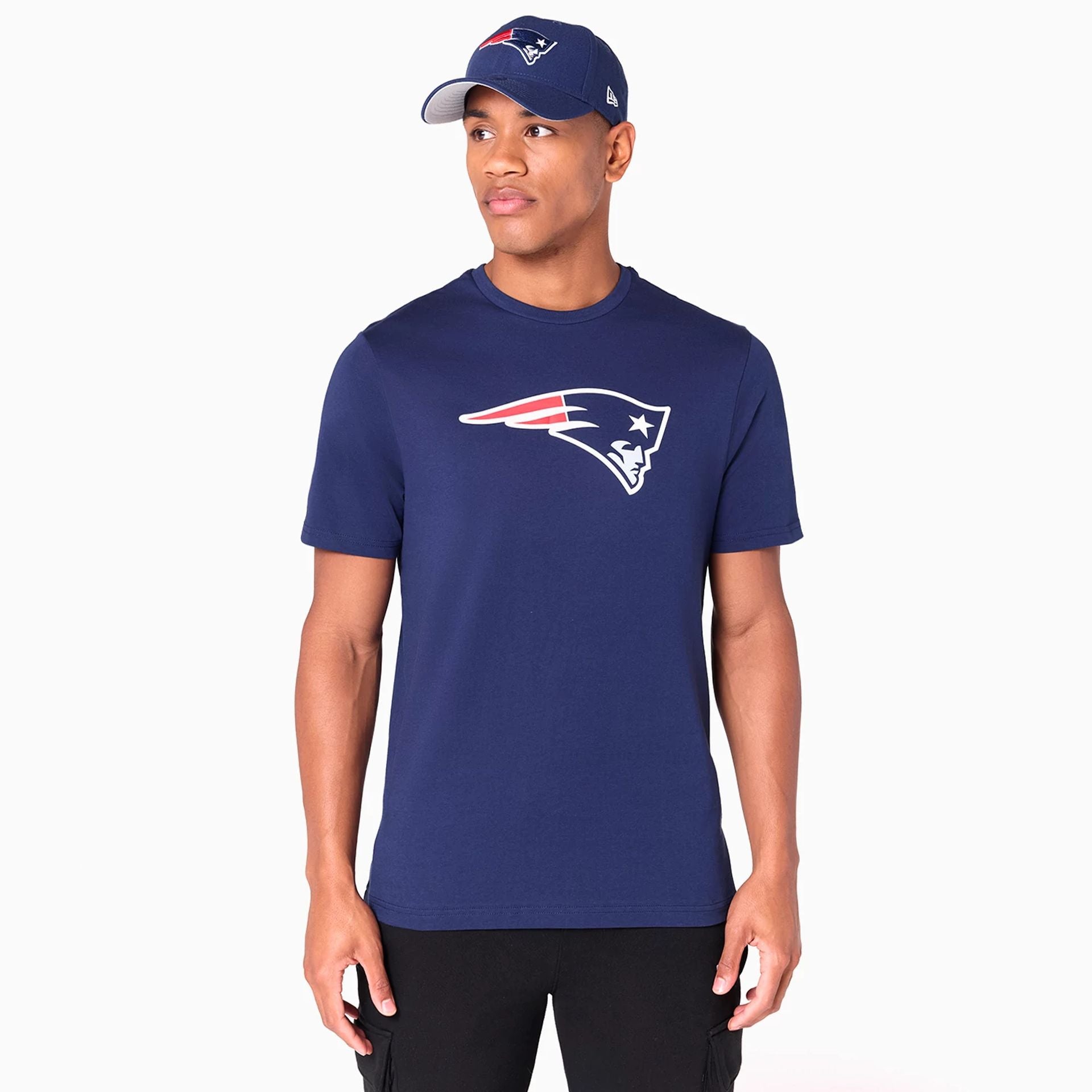 The Male model is wearing New England Patriots NFL Navy T-Shirt 1