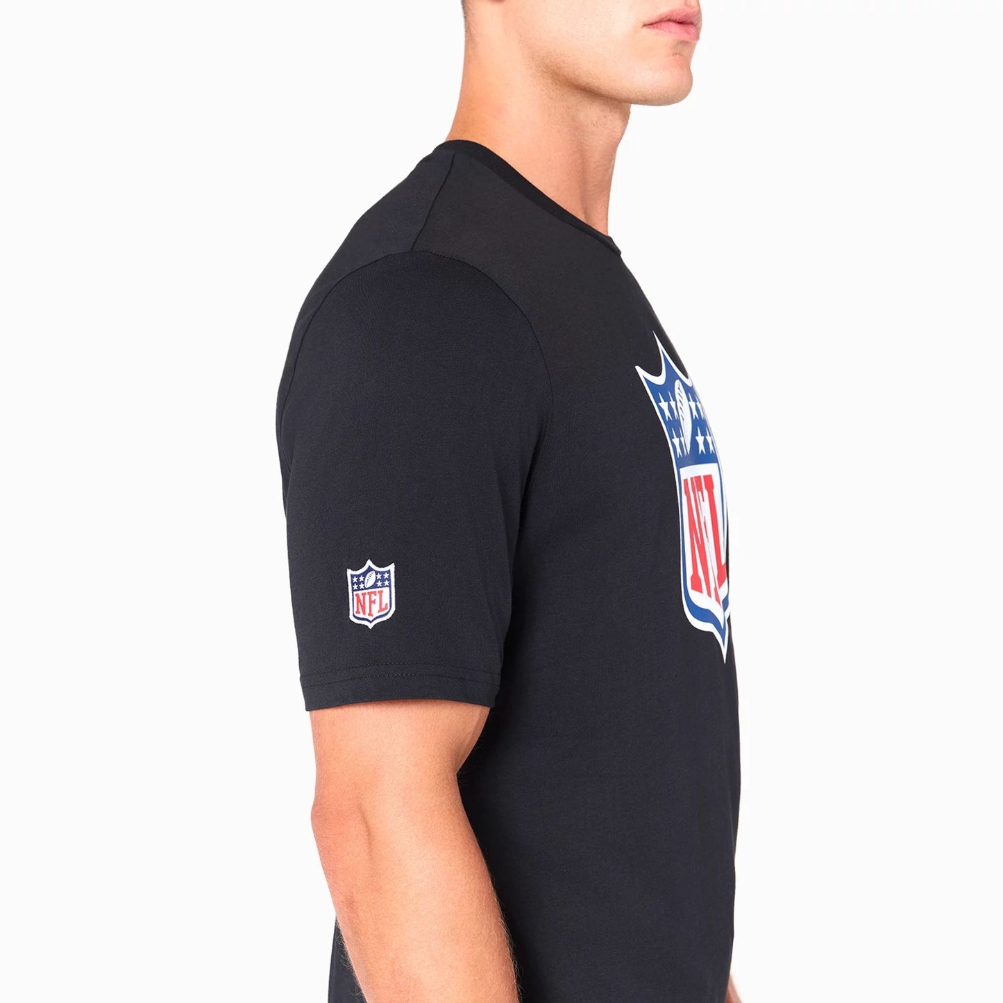 The Male model is wearing NFL Shield Logo NFL Black T-Shirt 4