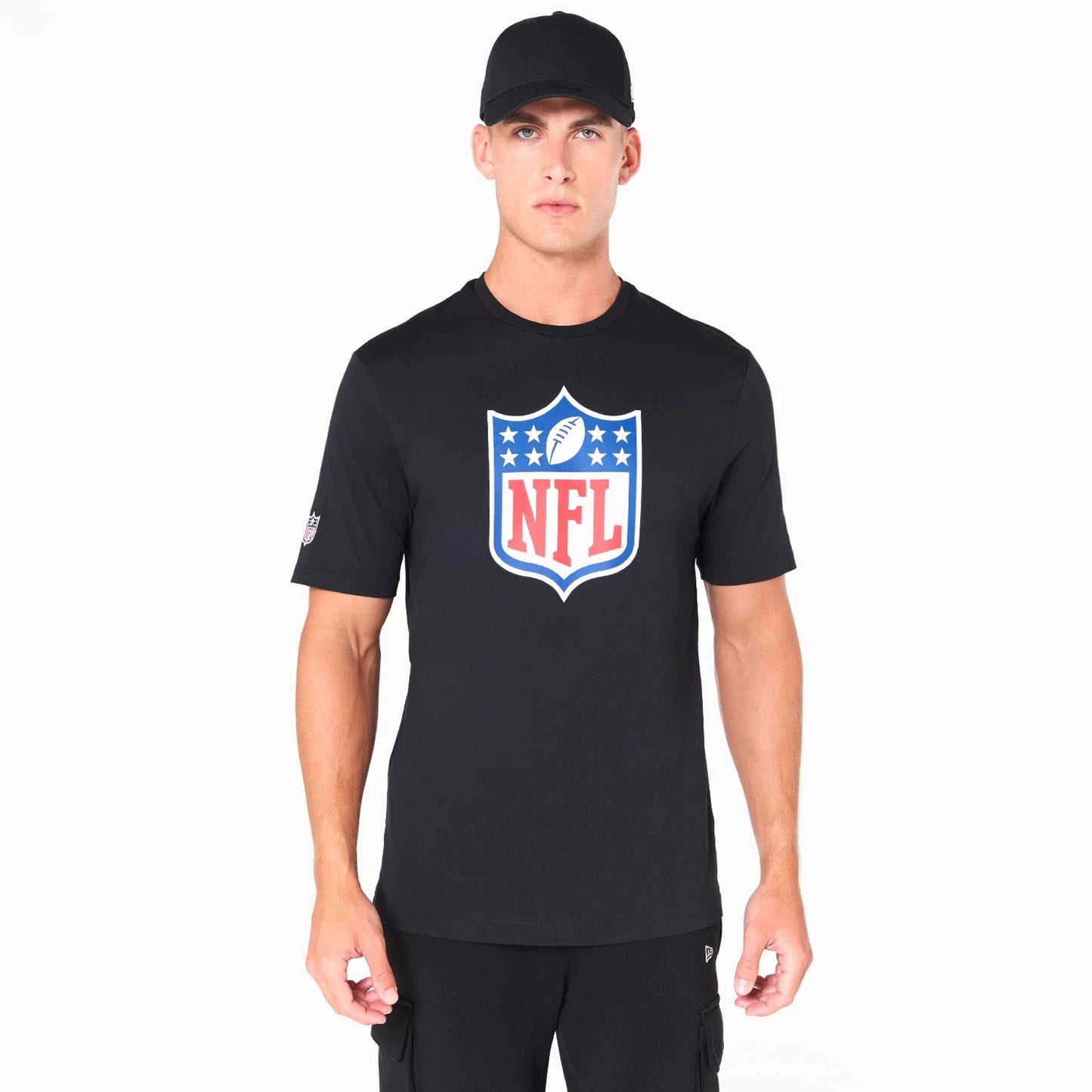 The Male model is wearing NFL Shield Logo NFL Black T-Shirt 1