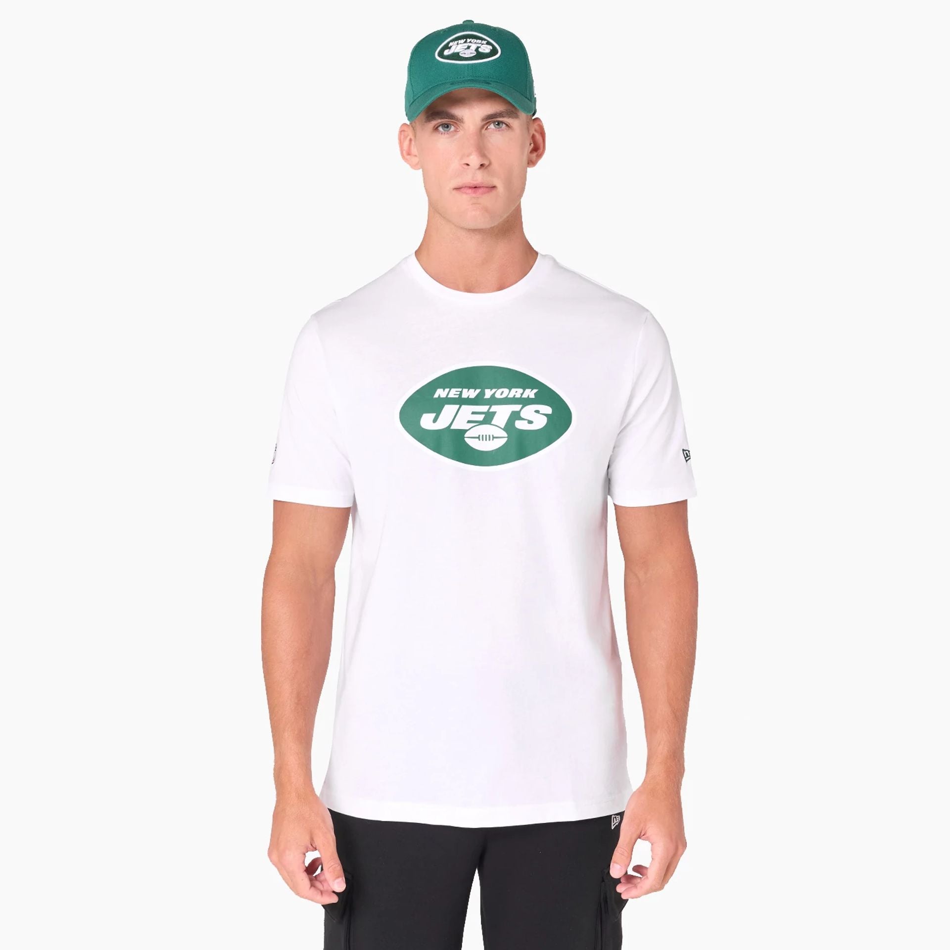 The Male model is wearing New York Jets NFL White T-Shirt 1